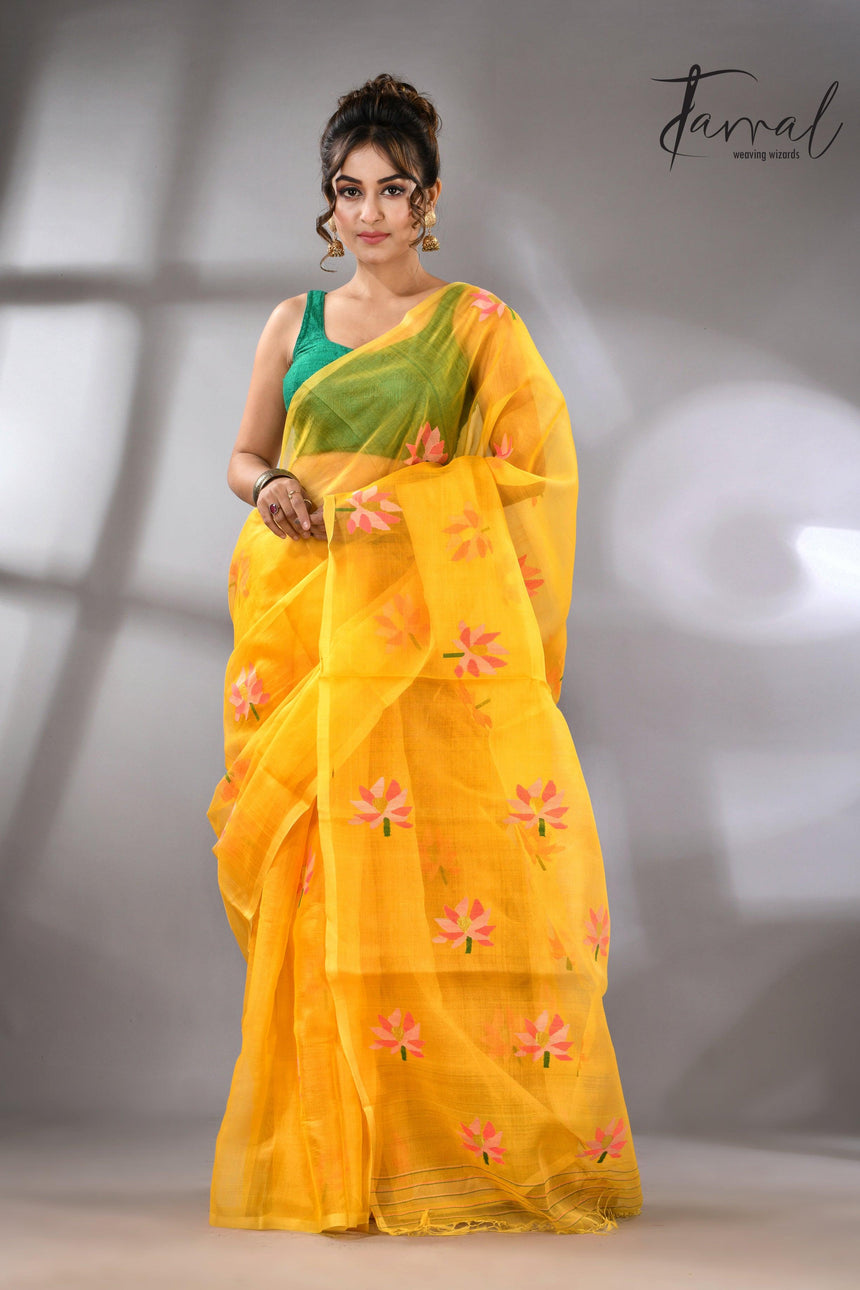 Golden Yellow with multi colour lotus motifs handwoven jamadani silk saree - Tamal Boutique