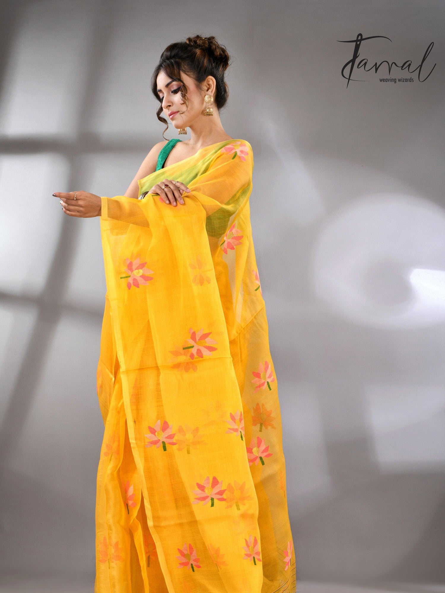 Golden Yellow with multi colour lotus motifs handwoven jamadani silk saree - Tamal Boutique