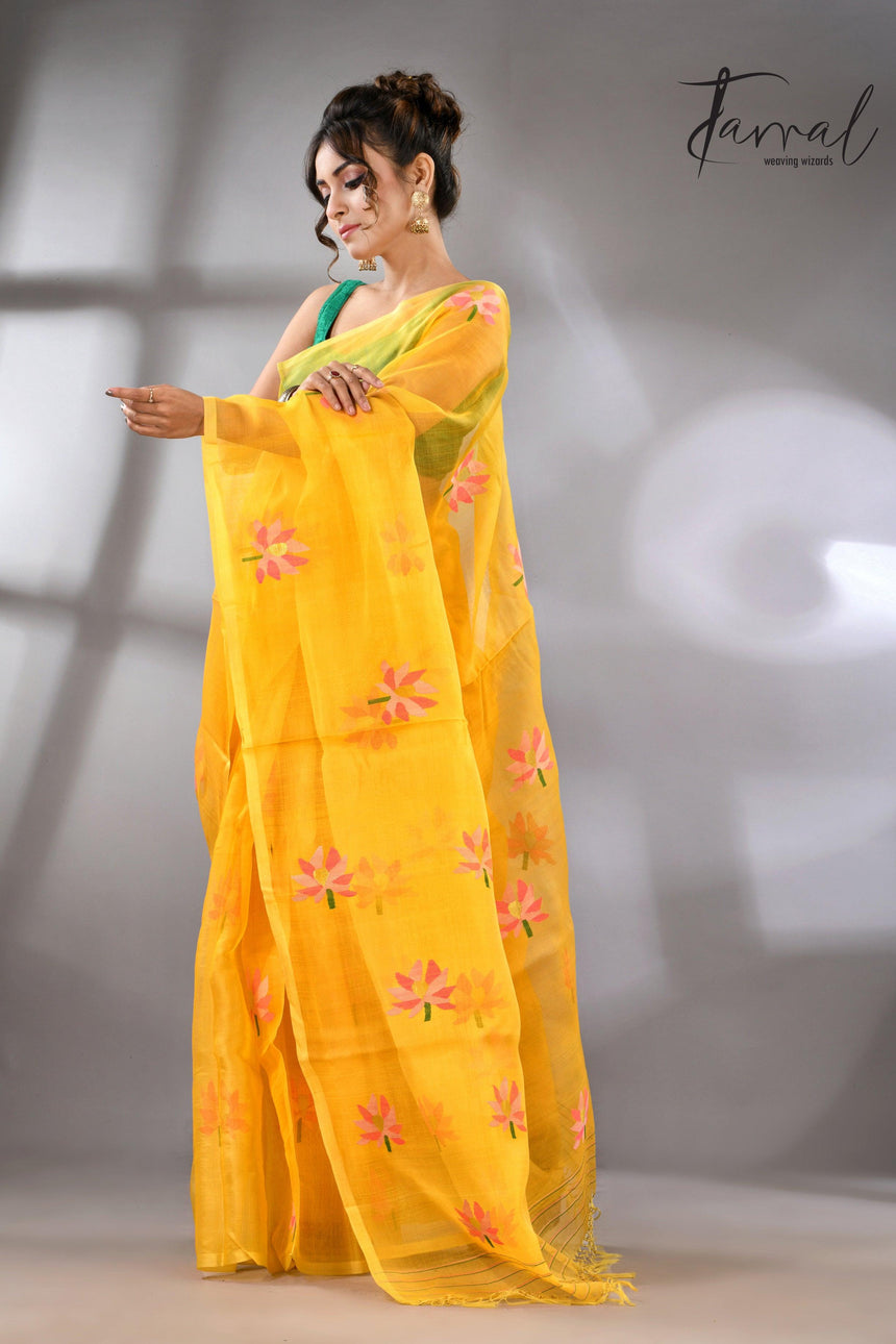 Golden Yellow with multi colour lotus motifs handwoven jamadani silk saree - Tamal Boutique