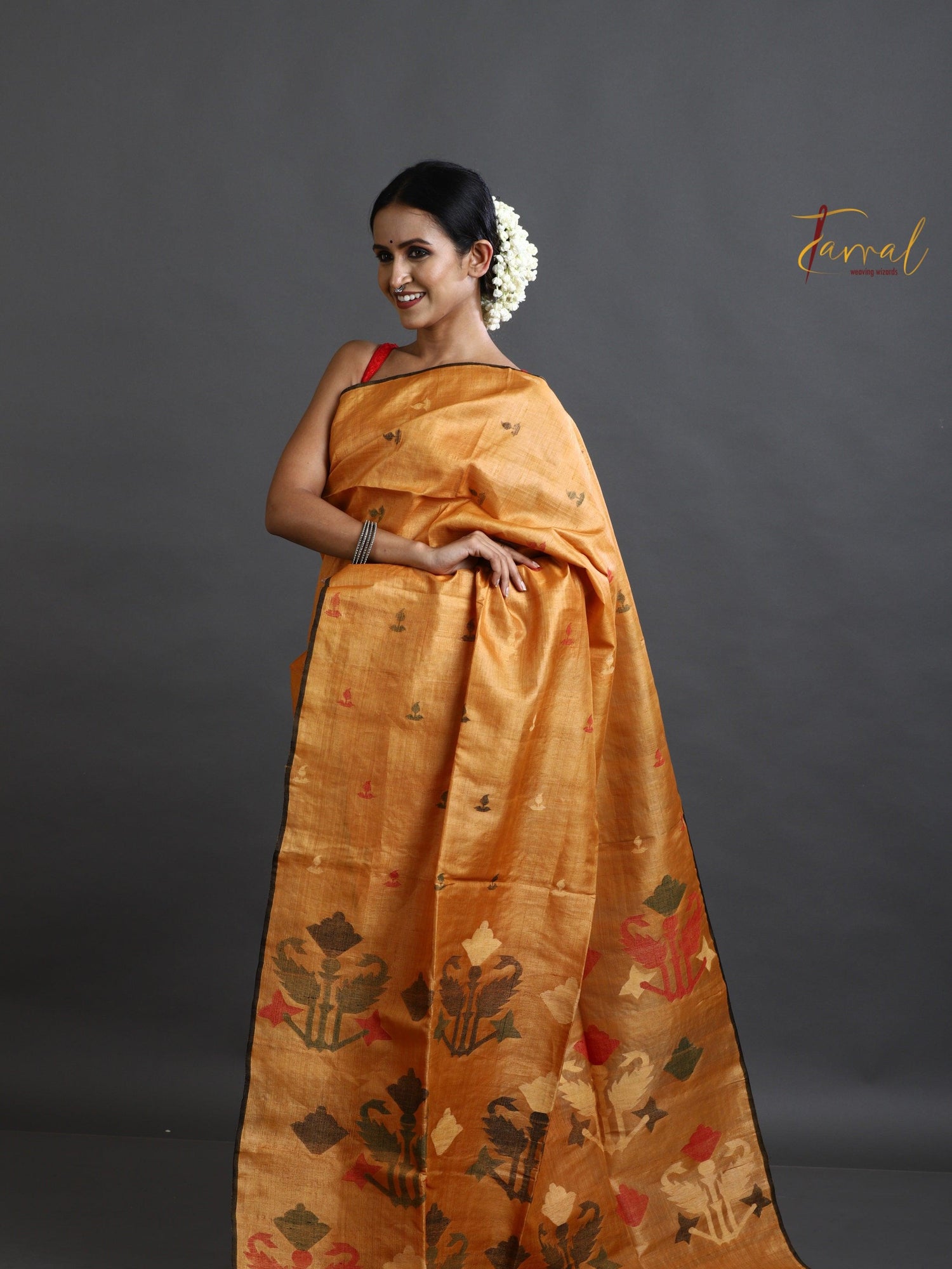Golden Yellow with black border pure tusser silk handwoven jamdani saree - Tamal Boutique