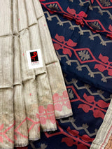 Golden beige with black & red matka silk traditional handwoven jamdani design saree - Tamal Boutique