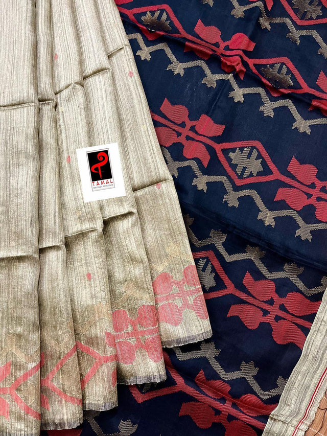 Golden beige with black & red matka silk traditional handwoven jamdani design saree - Tamal Boutique