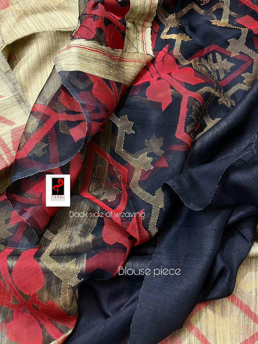 Golden beige with black & red matka silk traditional handwoven jamdani design saree - Tamal Boutique