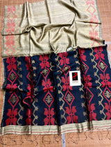 Golden beige with black & red matka silk traditional handwoven jamdani design saree - Tamal Boutique