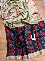 Golden beige with black & red matka silk traditional handwoven jamdani design saree - Tamal Boutique