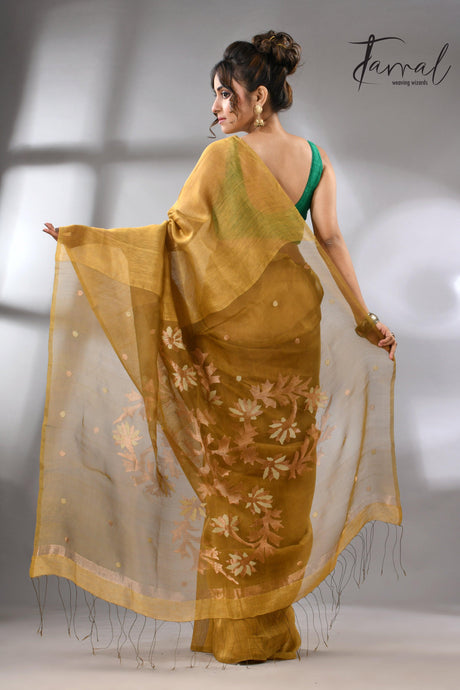 Golden brown silk linen handwoven jamdani saree - Tamal Boutique