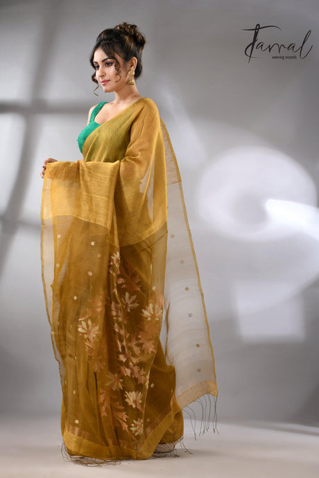 Golden brown silk linen handwoven jamdani saree - Tamal Boutique