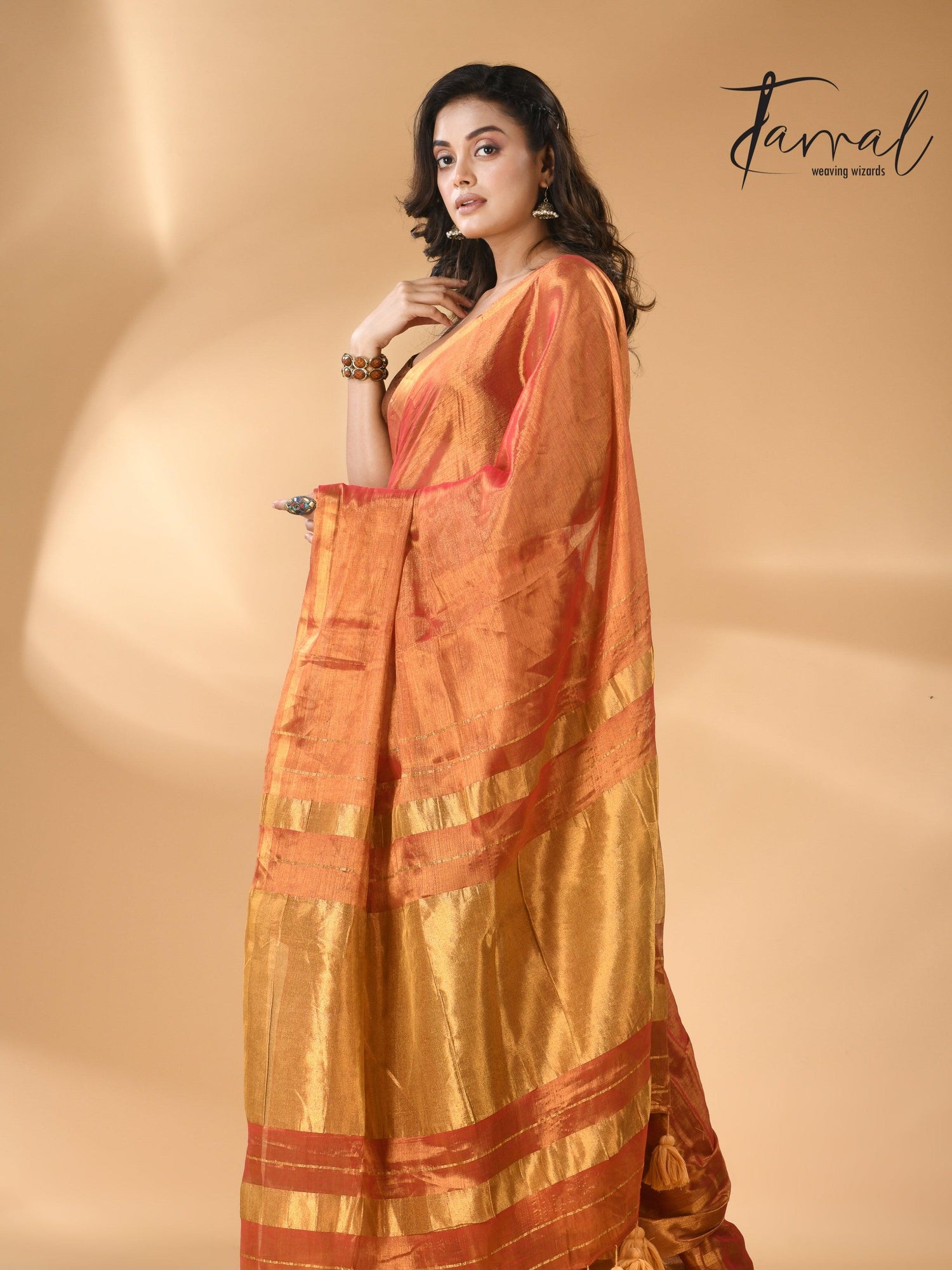 Golden orange tissue handloom saree right2
