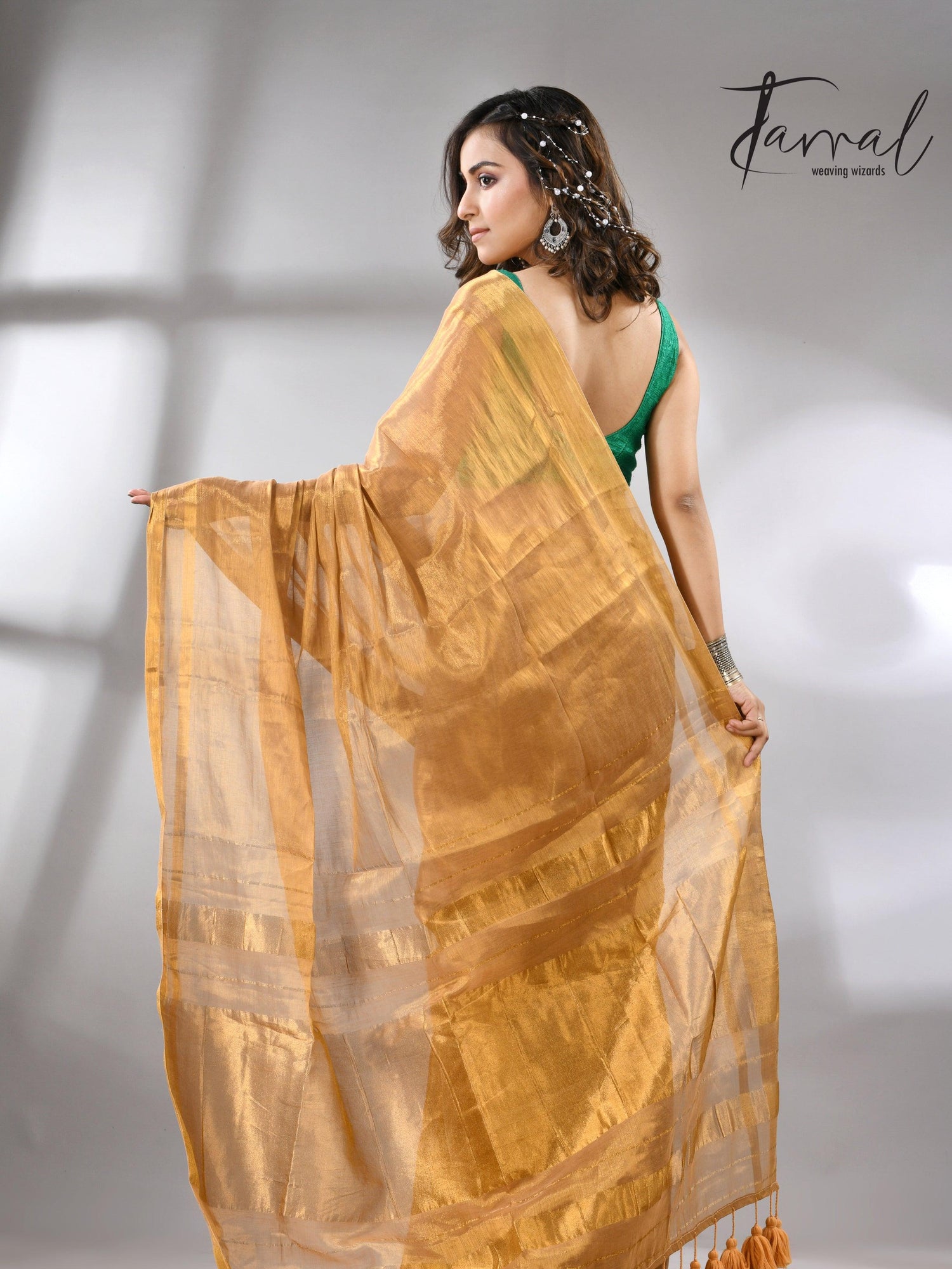 Golden tissue handloom saree back