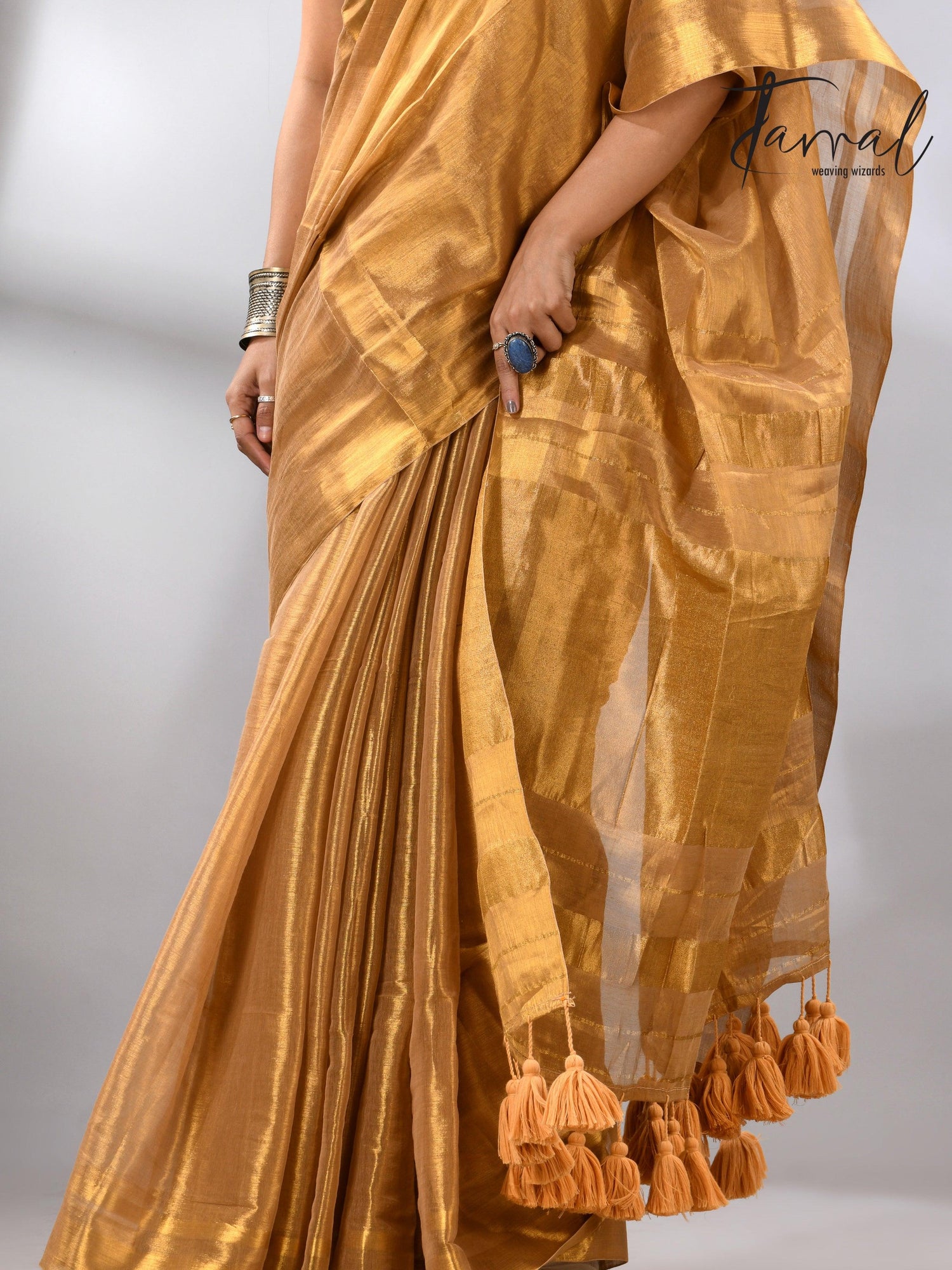 Golden tissue handloom saree bottom