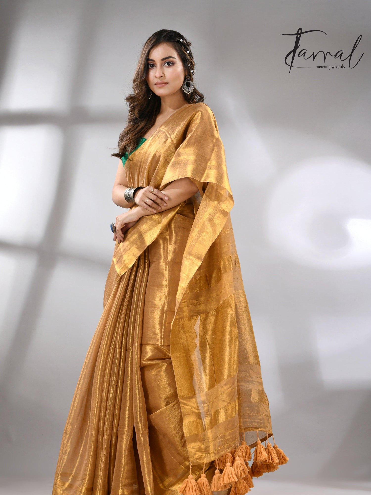 Golden tissue handloom saree full