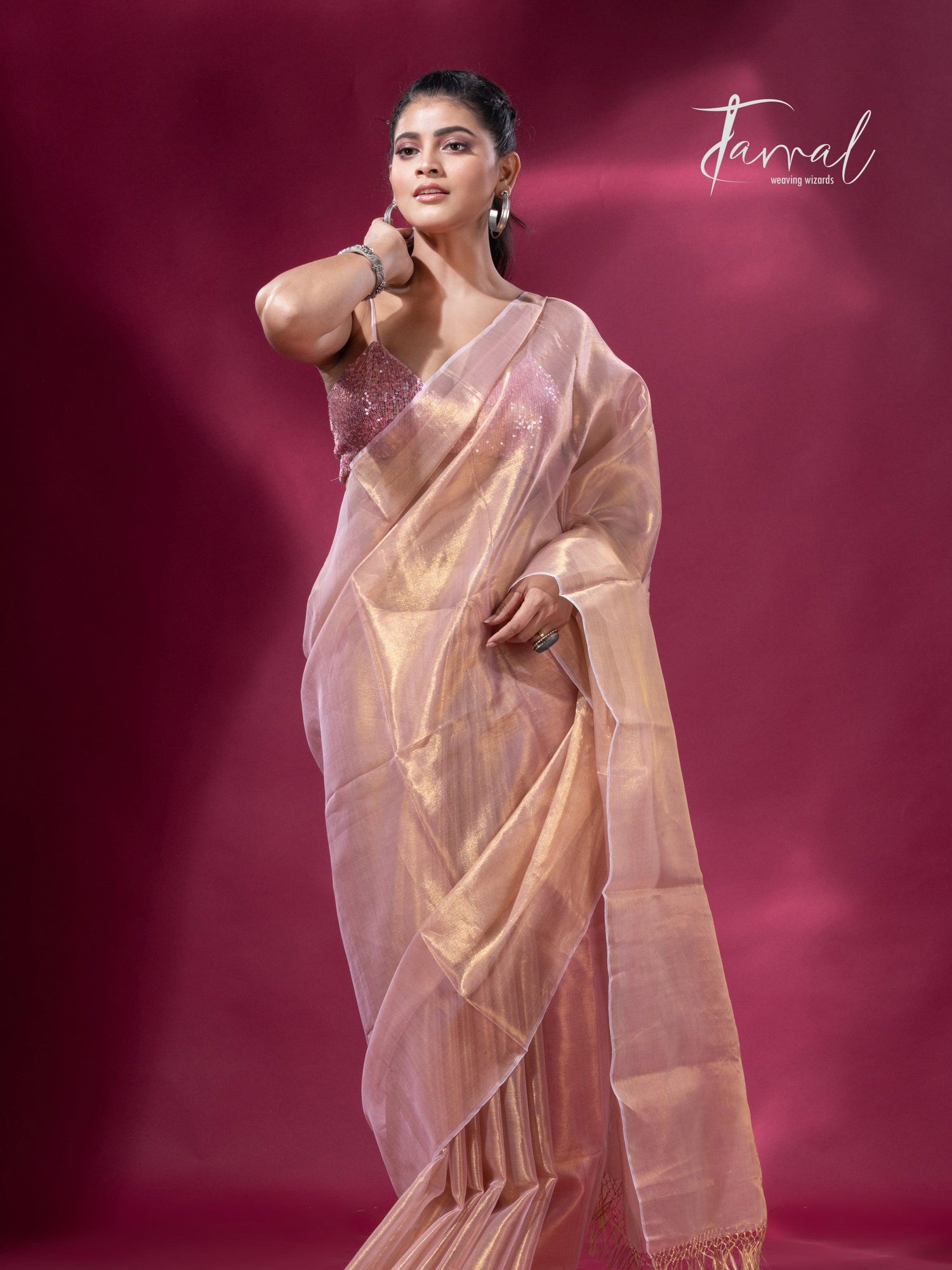 Golden pink organza silk tissue handloom saree - Tamal Boutique