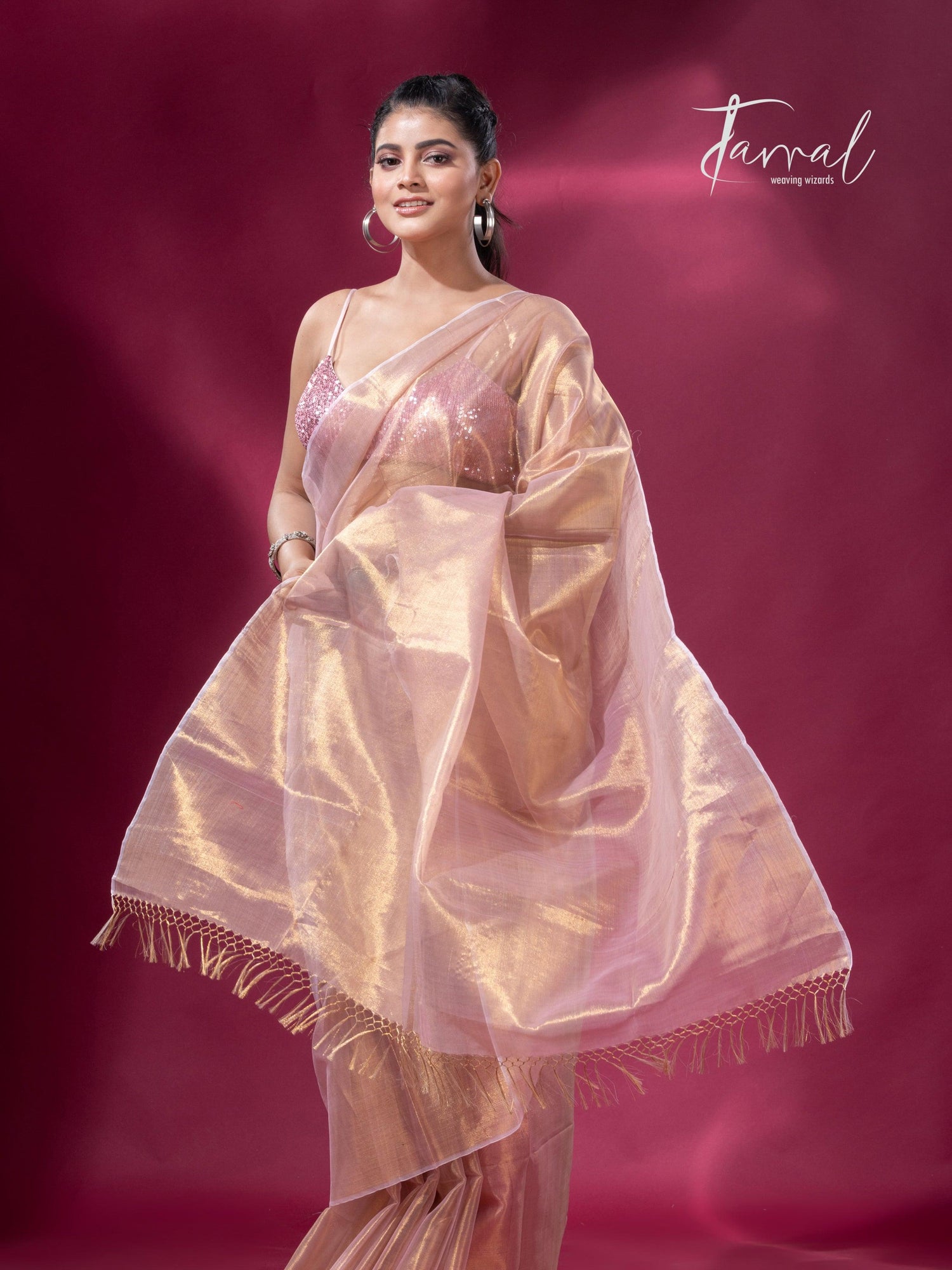 Golden pink organza silk tissue handloom saree - Tamal Boutique