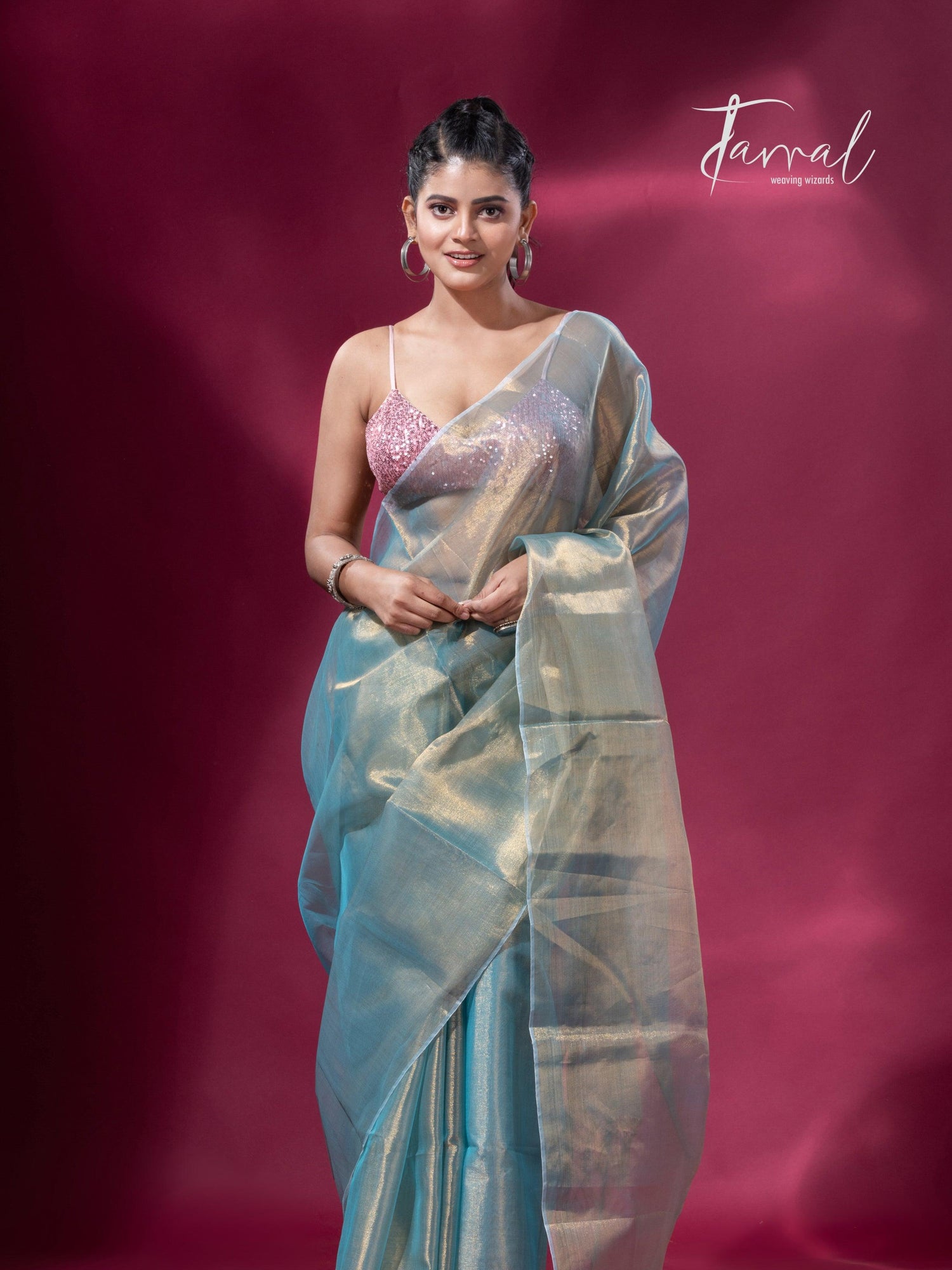 Golden sea green organza tissue handloom saree - Tamal Boutique