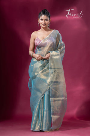 Golden sea green organza tissue handloom saree - Tamal Boutique