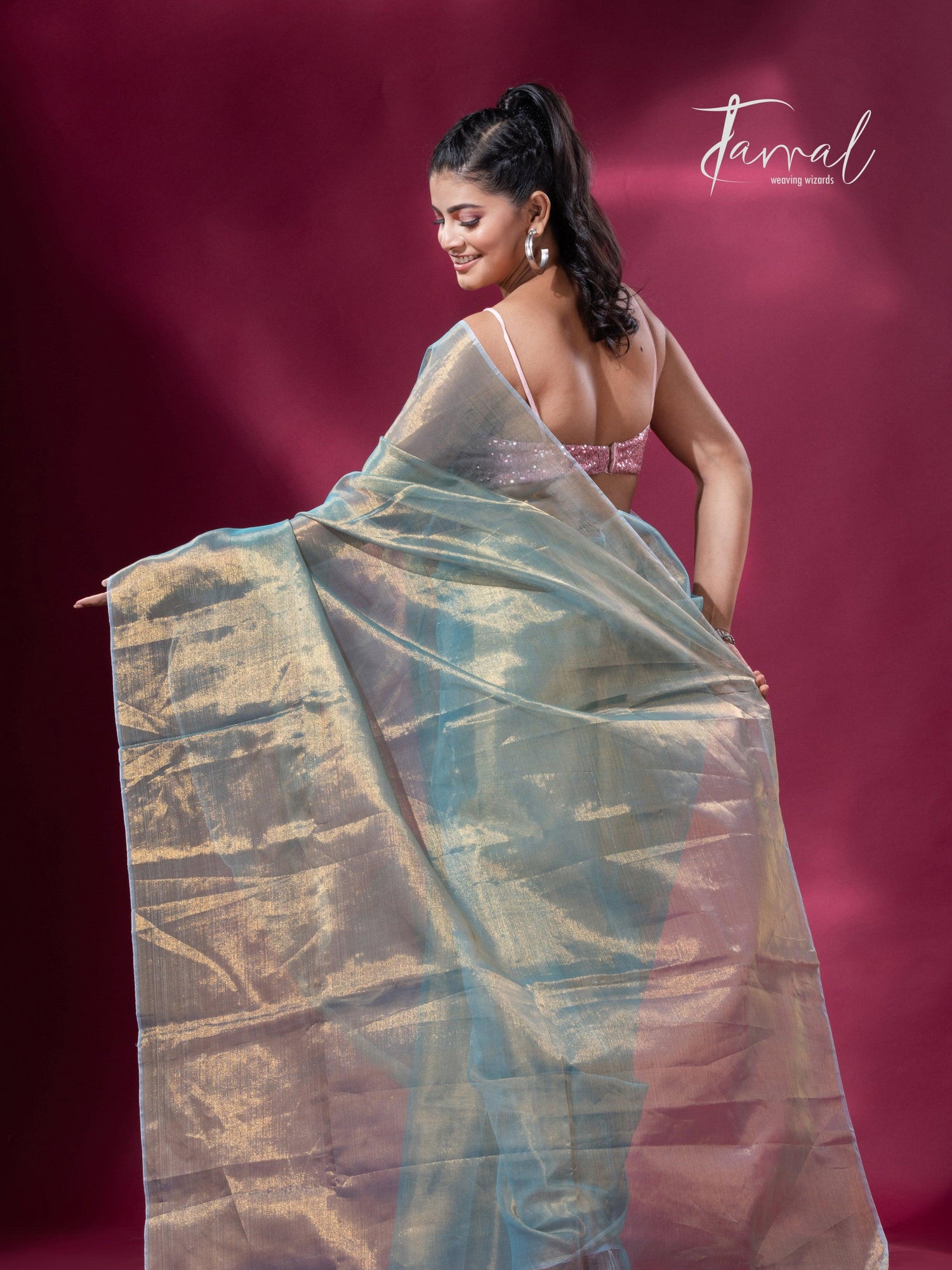 Golden sea green organza tissue handloom saree - Tamal Boutique