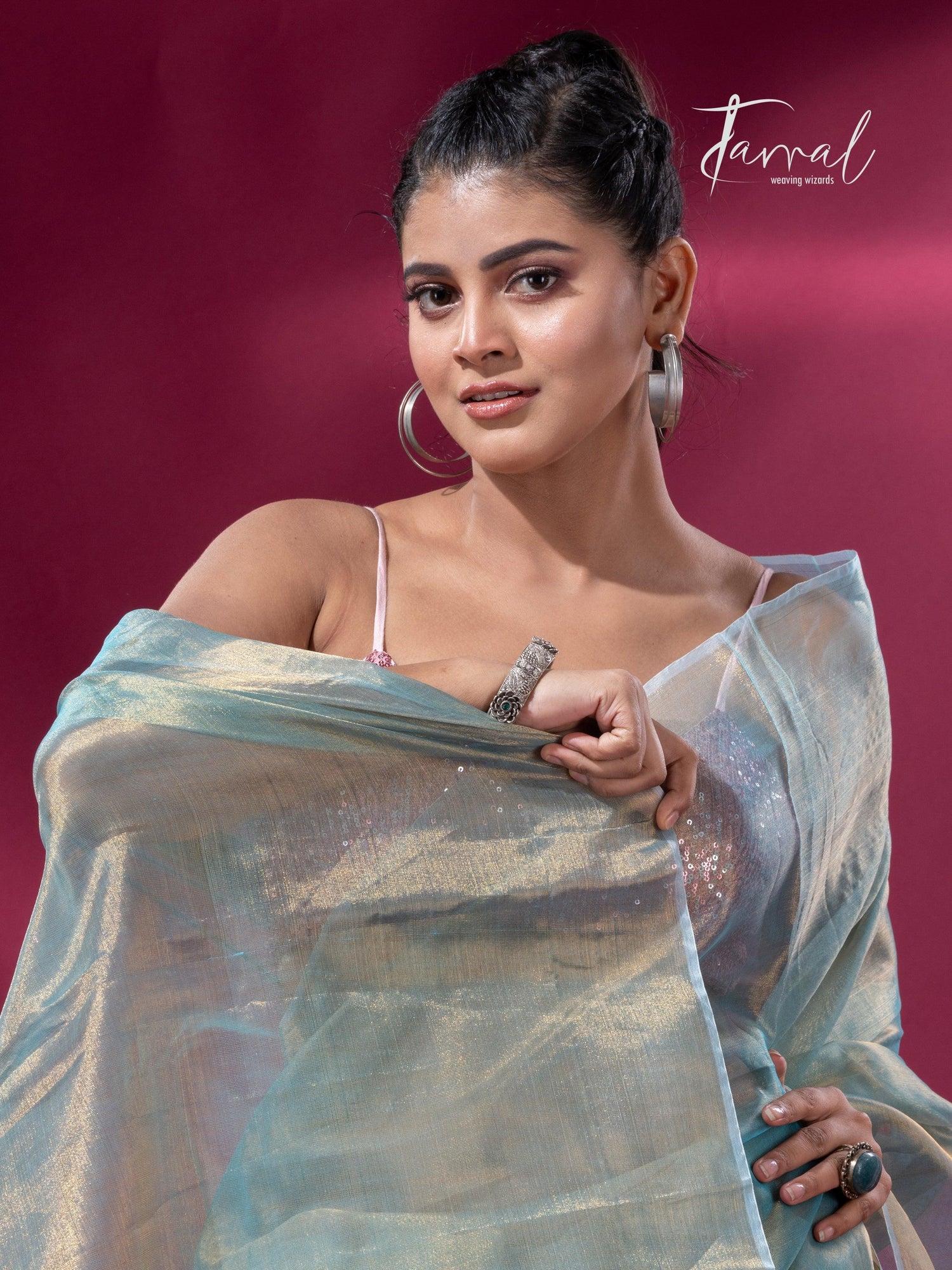 Golden sea green organza tissue handloom saree - Tamal Boutique