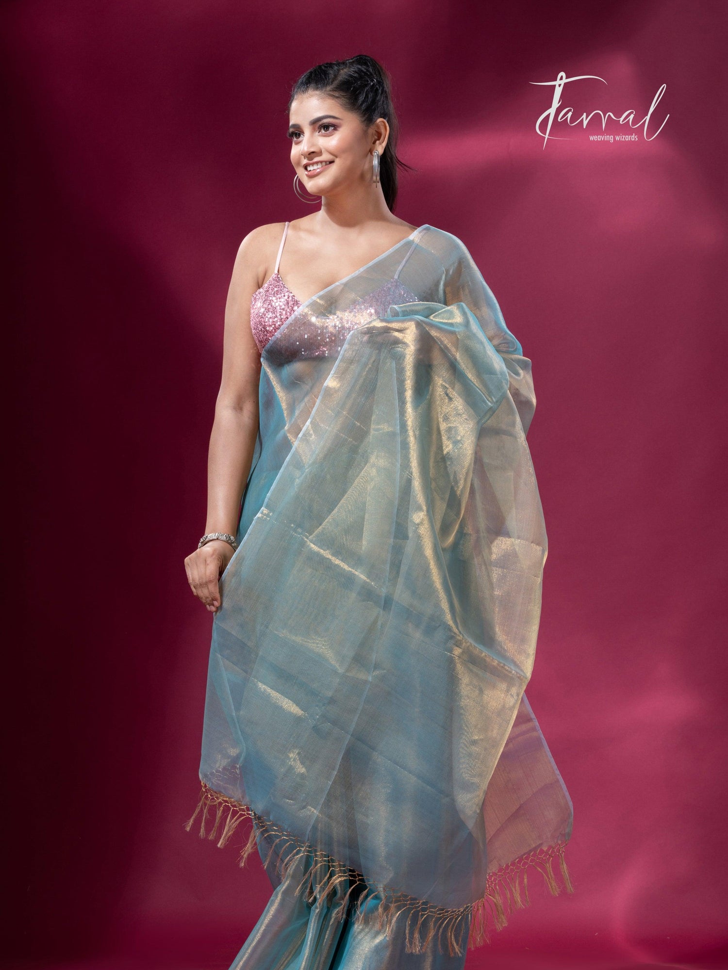 Golden sea green organza tissue handloom saree - Tamal Boutique