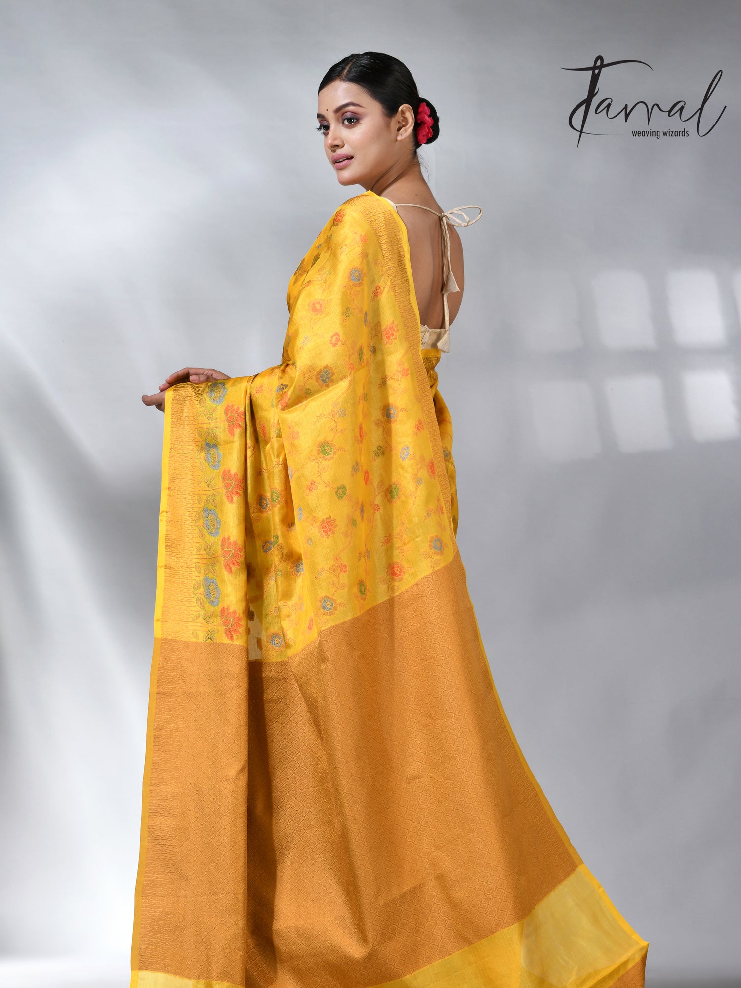 Golden yellow allover handloom tussar banarasi silk saree