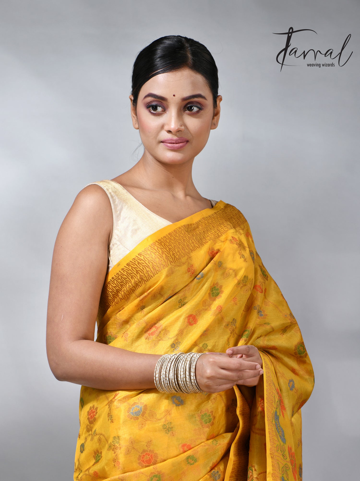 Golden yellow allover handloom tussar banarasi silk saree