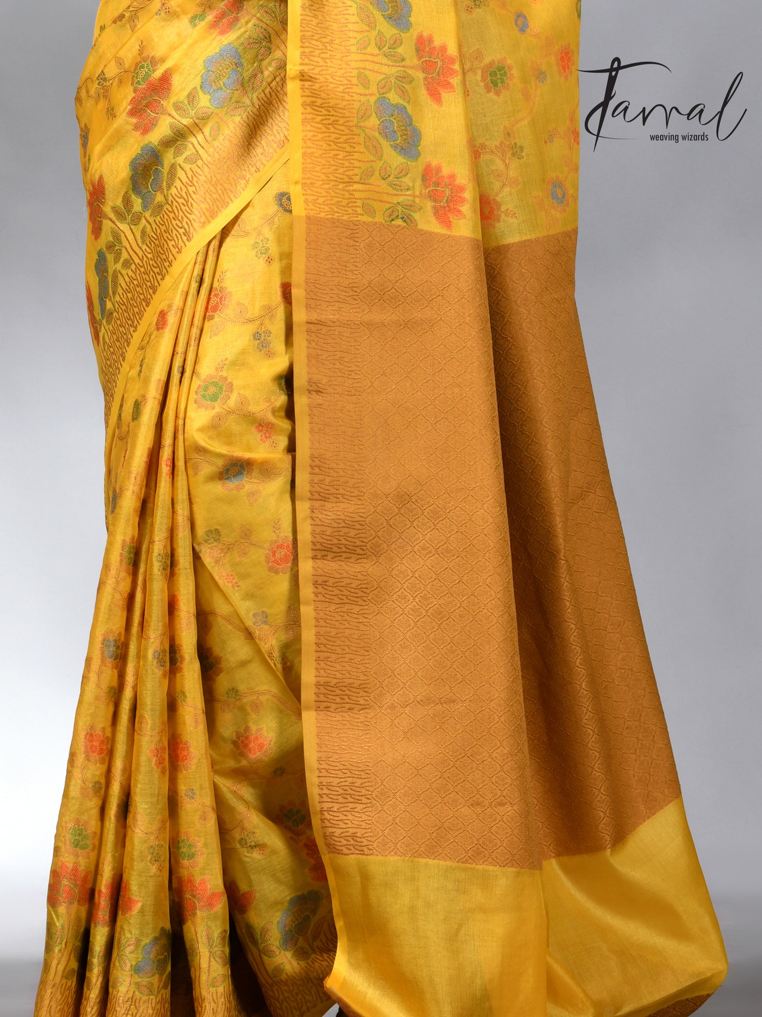 Golden yellow allover handloom tussar banarasi silk saree