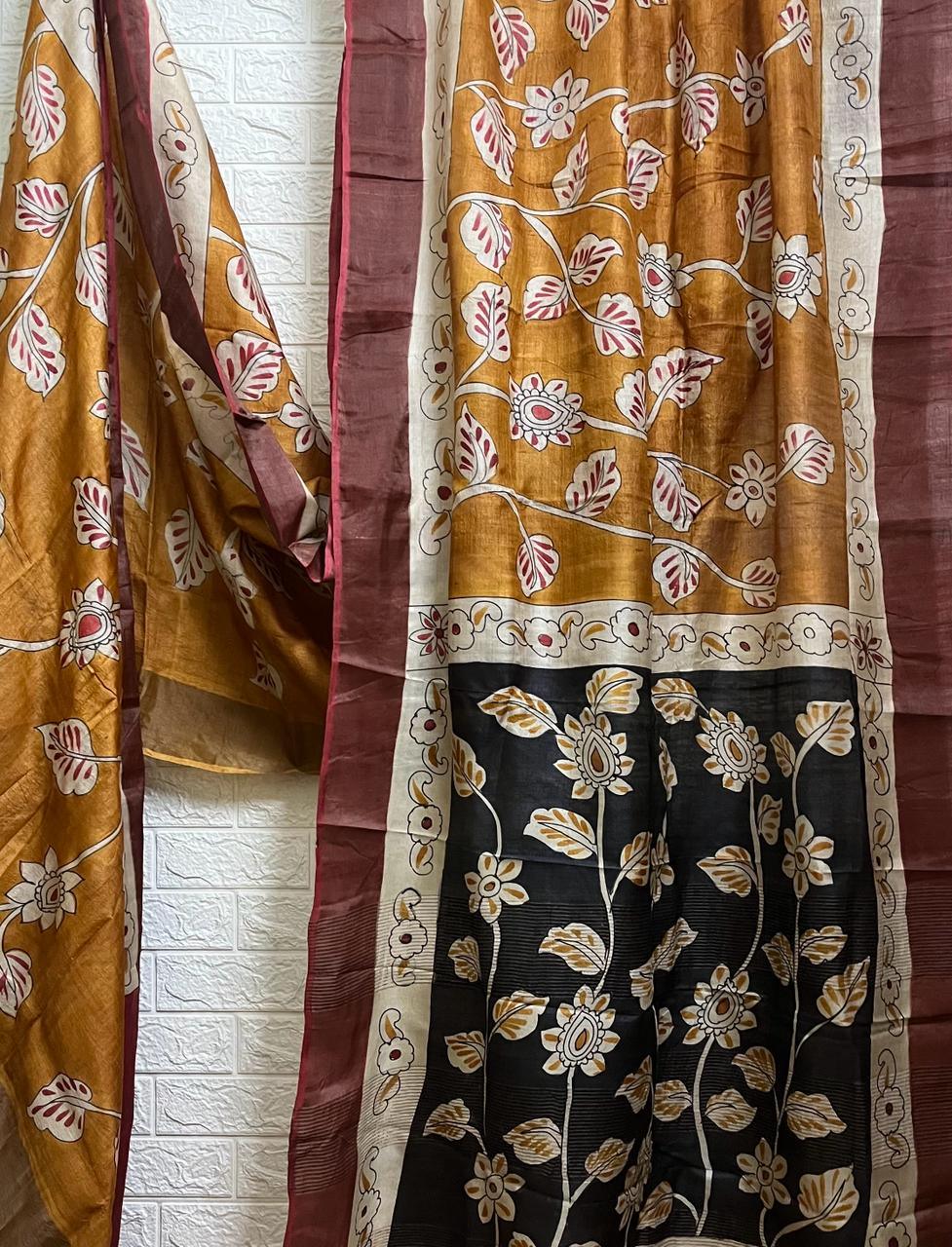Golden yellow with black pallu hand painted tusser silk saree - Tamal Boutique
