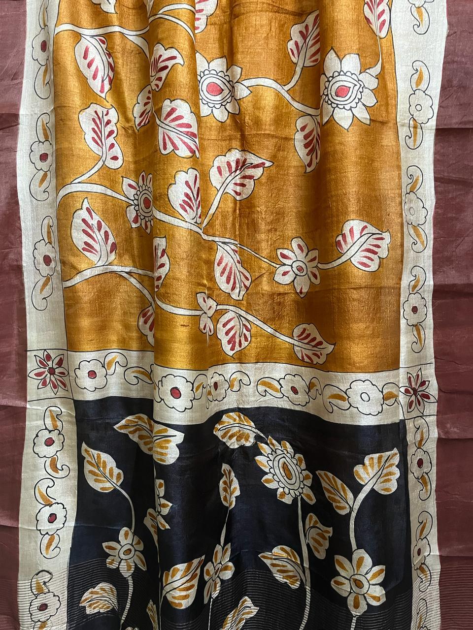 Golden yellow with black pallu hand painted tusser silk saree - Tamal Boutique