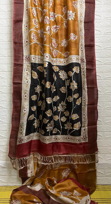 Golden yellow with black pallu hand painted tusser silk saree - Tamal Boutique