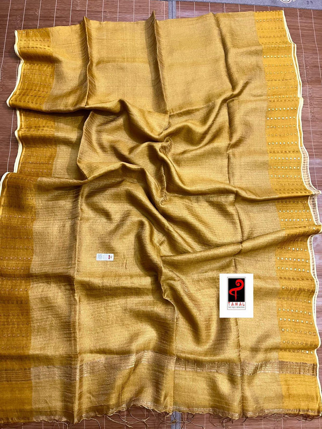 Golden yellow noil tussar zari silk handloom border sequins saree - Tamal Boutique