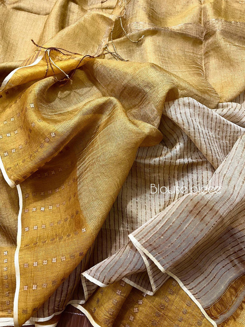 Golden yellow noil tussar zari silk handloom border sequins saree - Tamal Boutique