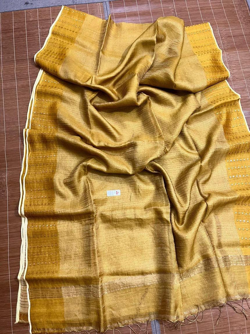Golden yellow noil tussar zari silk handloom border sequins saree - Tamal Boutique