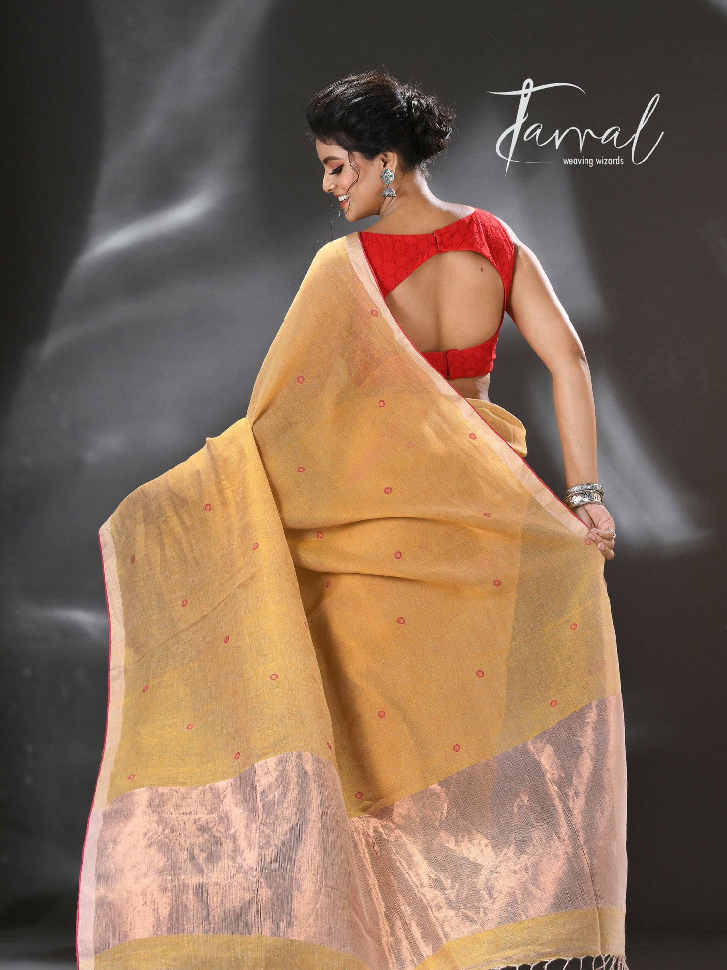 Golden yellow with red & zari border pure linen with tissue pallu handwoven jamadani saree - Tamal Boutique