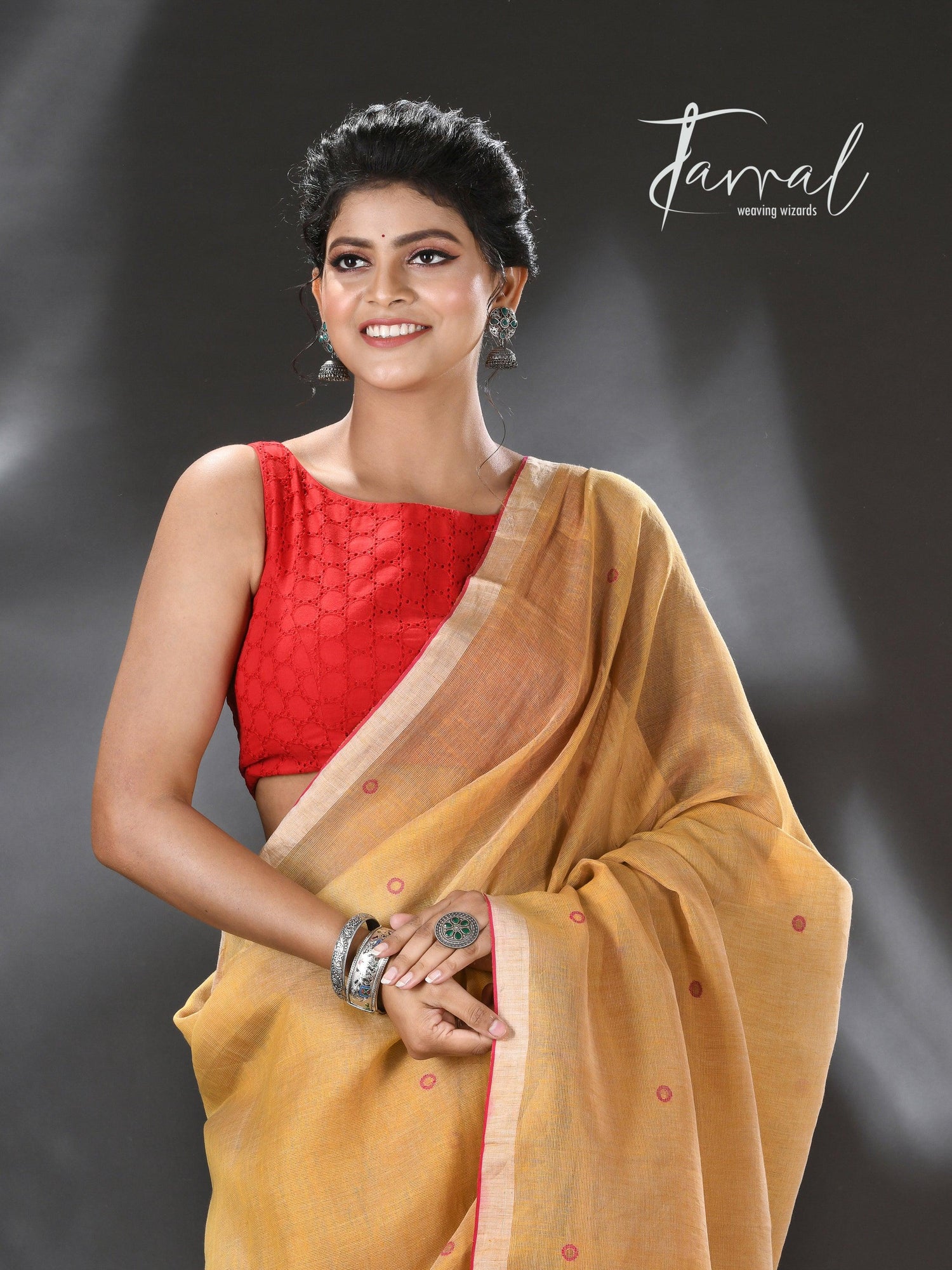 Golden yellow with red & zari border pure linen with tissue pallu handwoven jamadani saree - Tamal Boutique