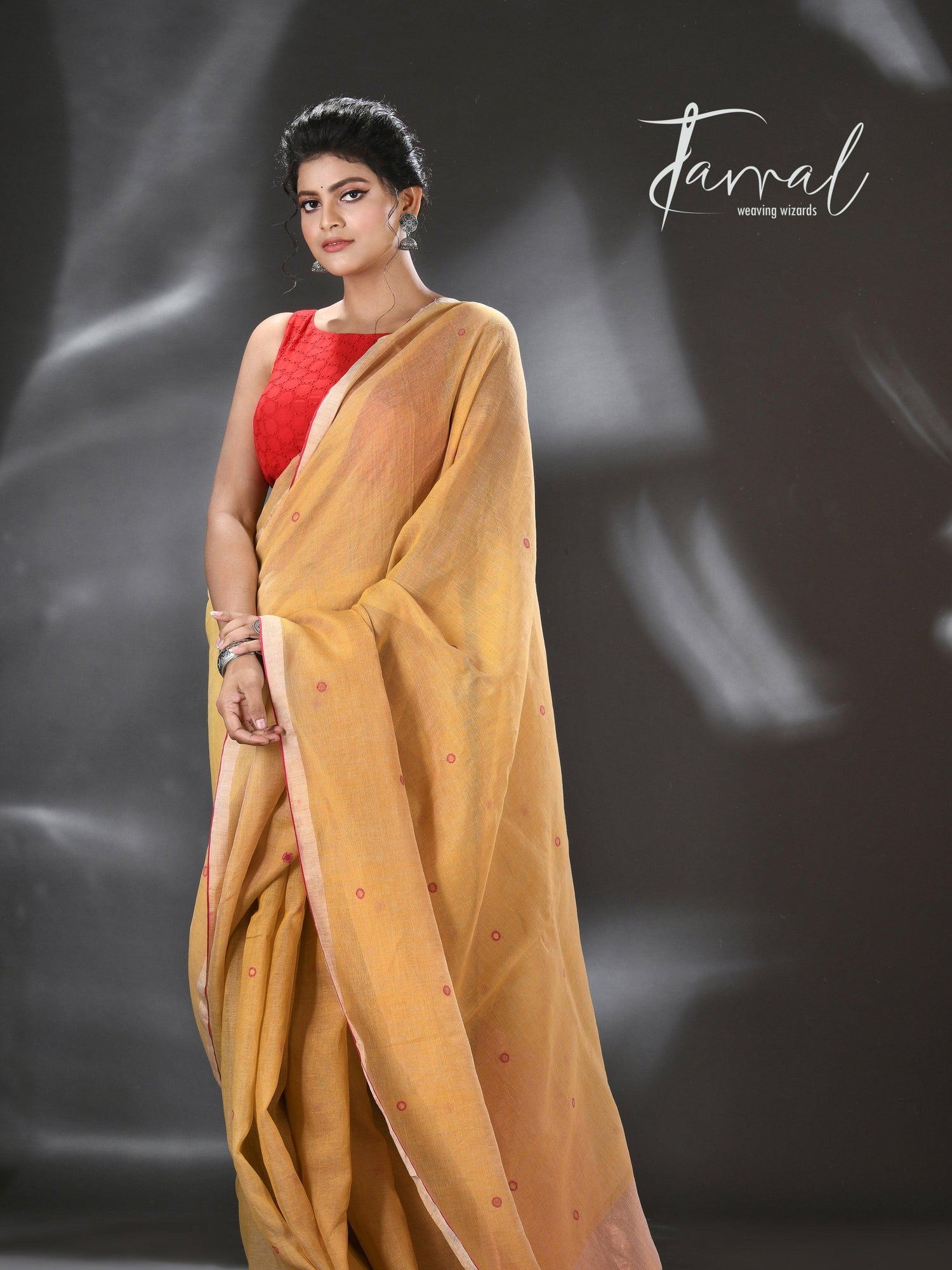 Golden yellow with red & zari border pure linen with tissue pallu handwoven jamadani saree - Tamal Boutique