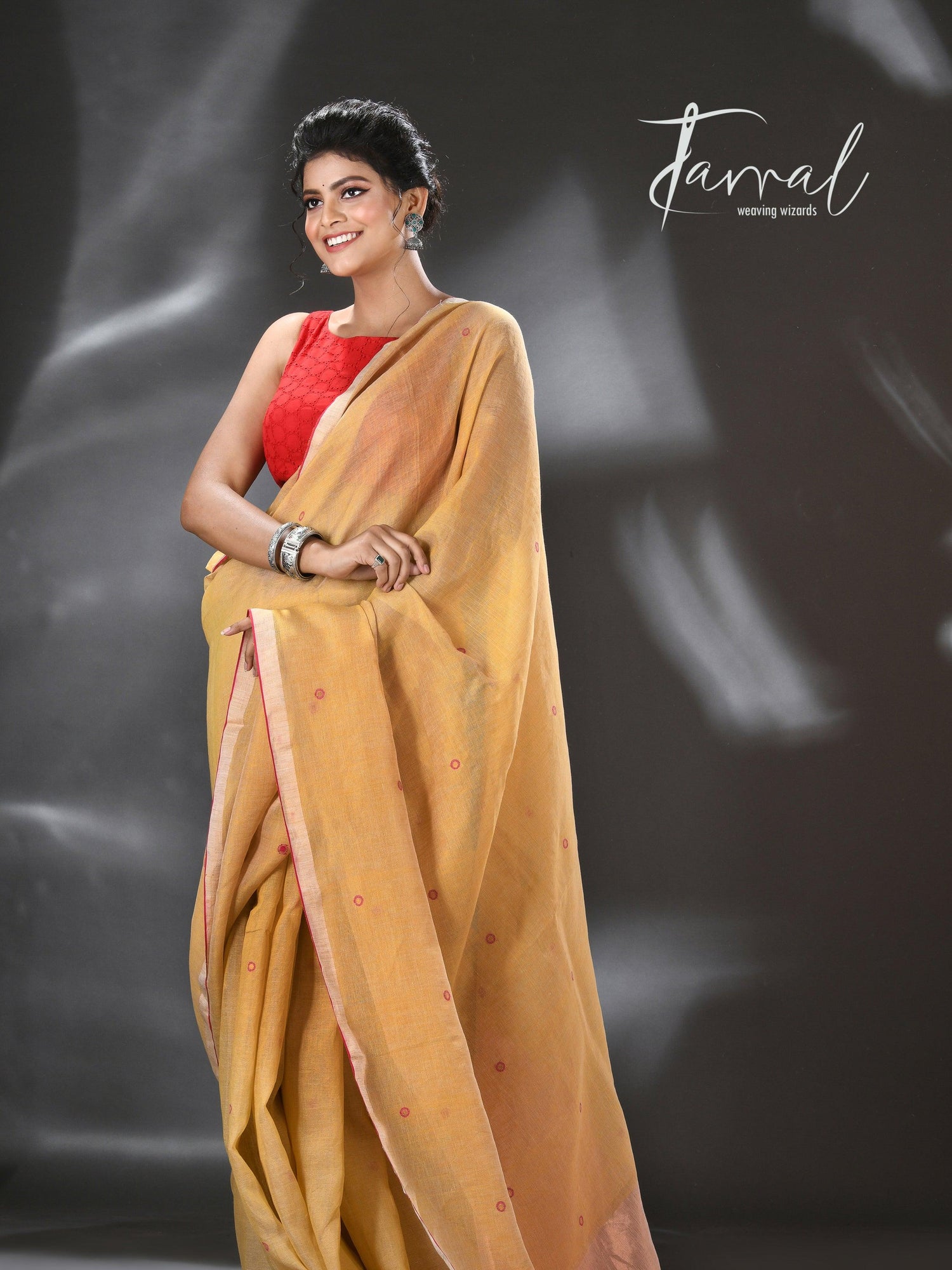 Golden yellow with red & zari border pure linen with tissue pallu handwoven jamadani saree - Tamal Boutique