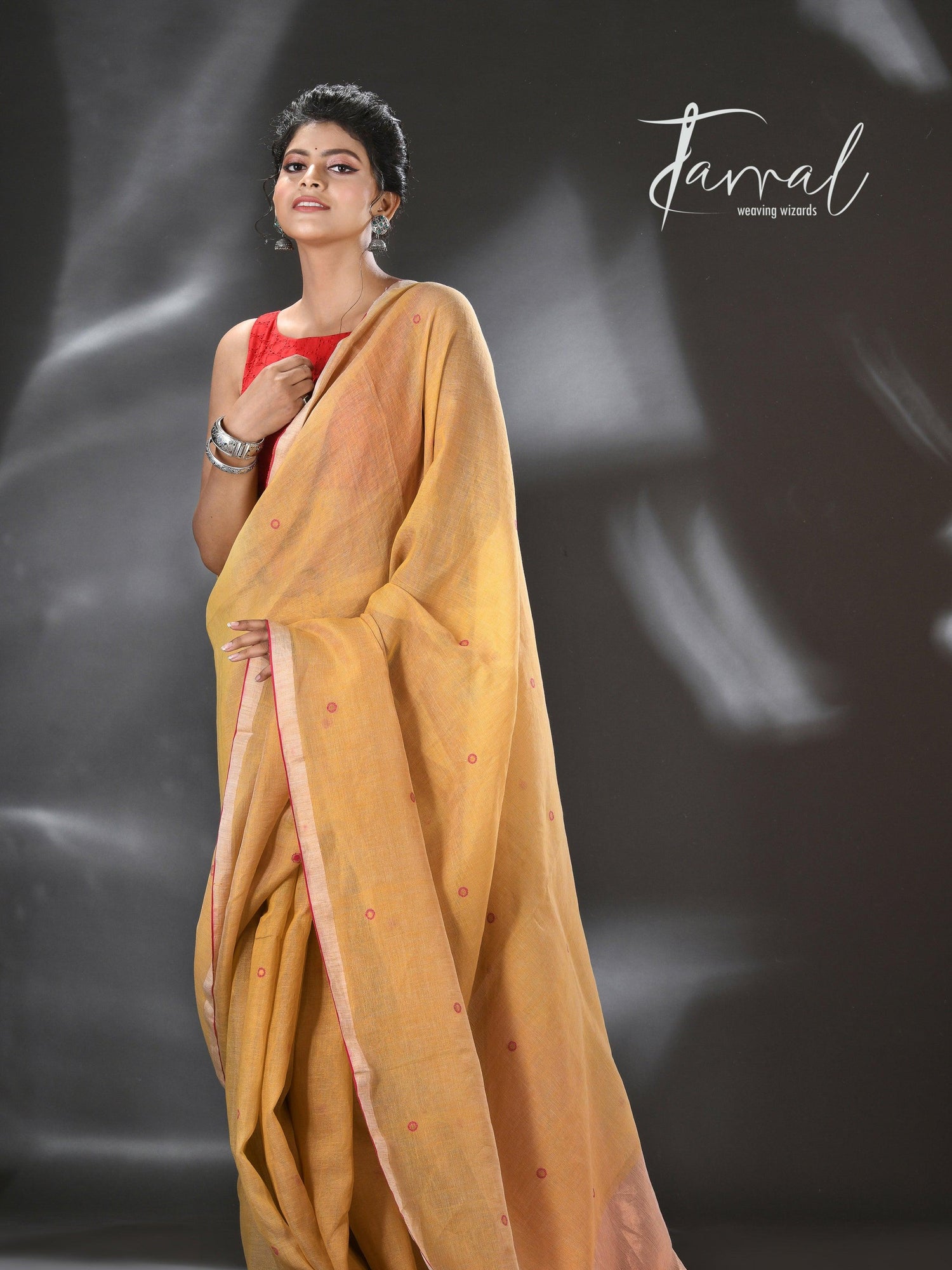 Golden yellow with red & zari border pure linen with tissue pallu handwoven jamadani saree - Tamal Boutique
