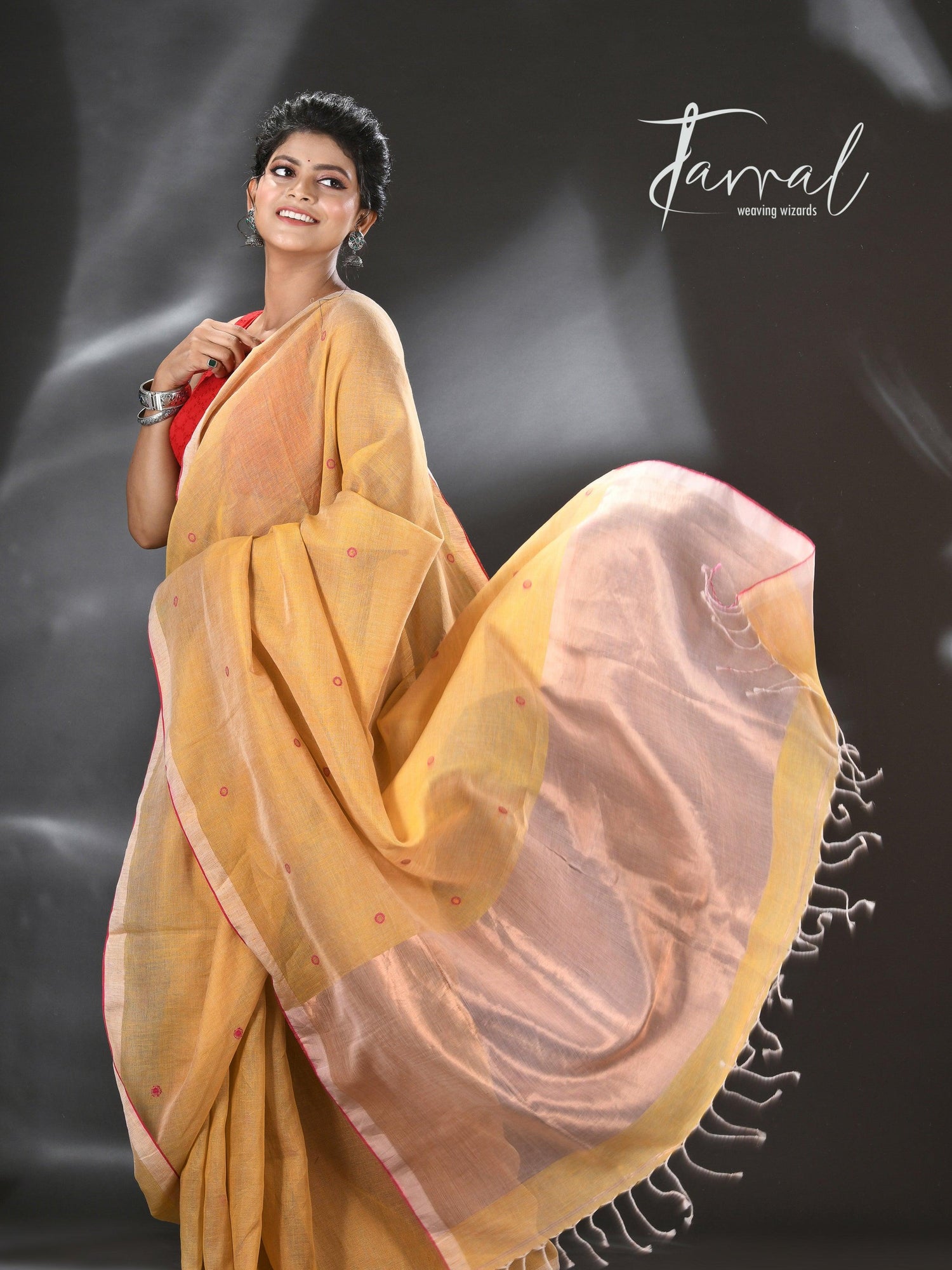 Golden yellow with red & zari border pure linen with tissue pallu handwoven jamadani saree - Tamal Boutique