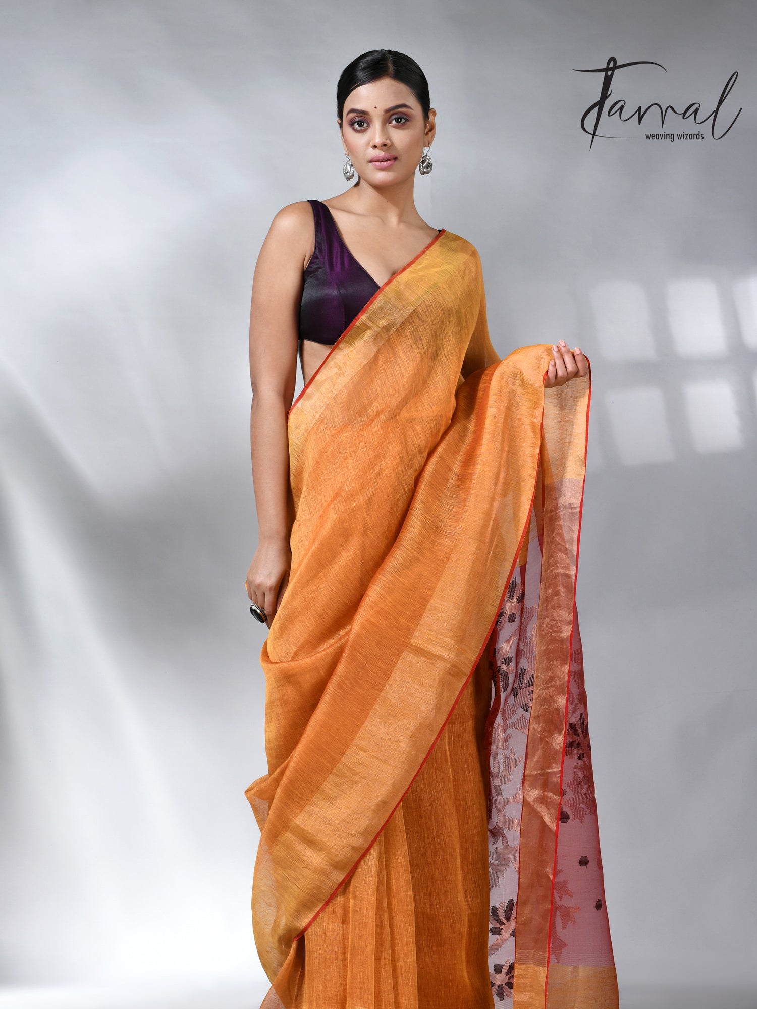 Golden yellow silk linen kora pallu handwoven jamdani saree