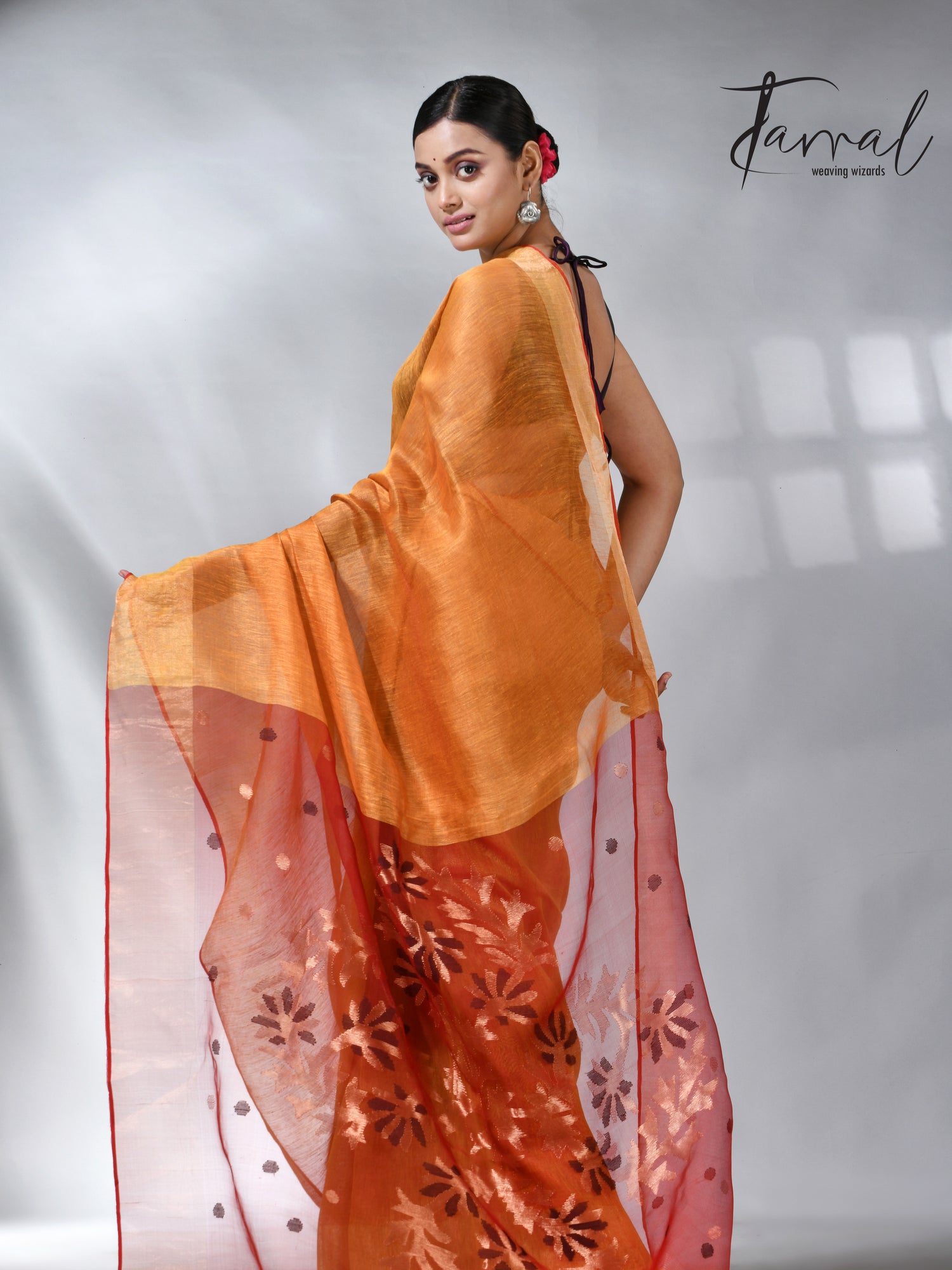 Golden yellow silk linen kora pallu handwoven jamdani saree