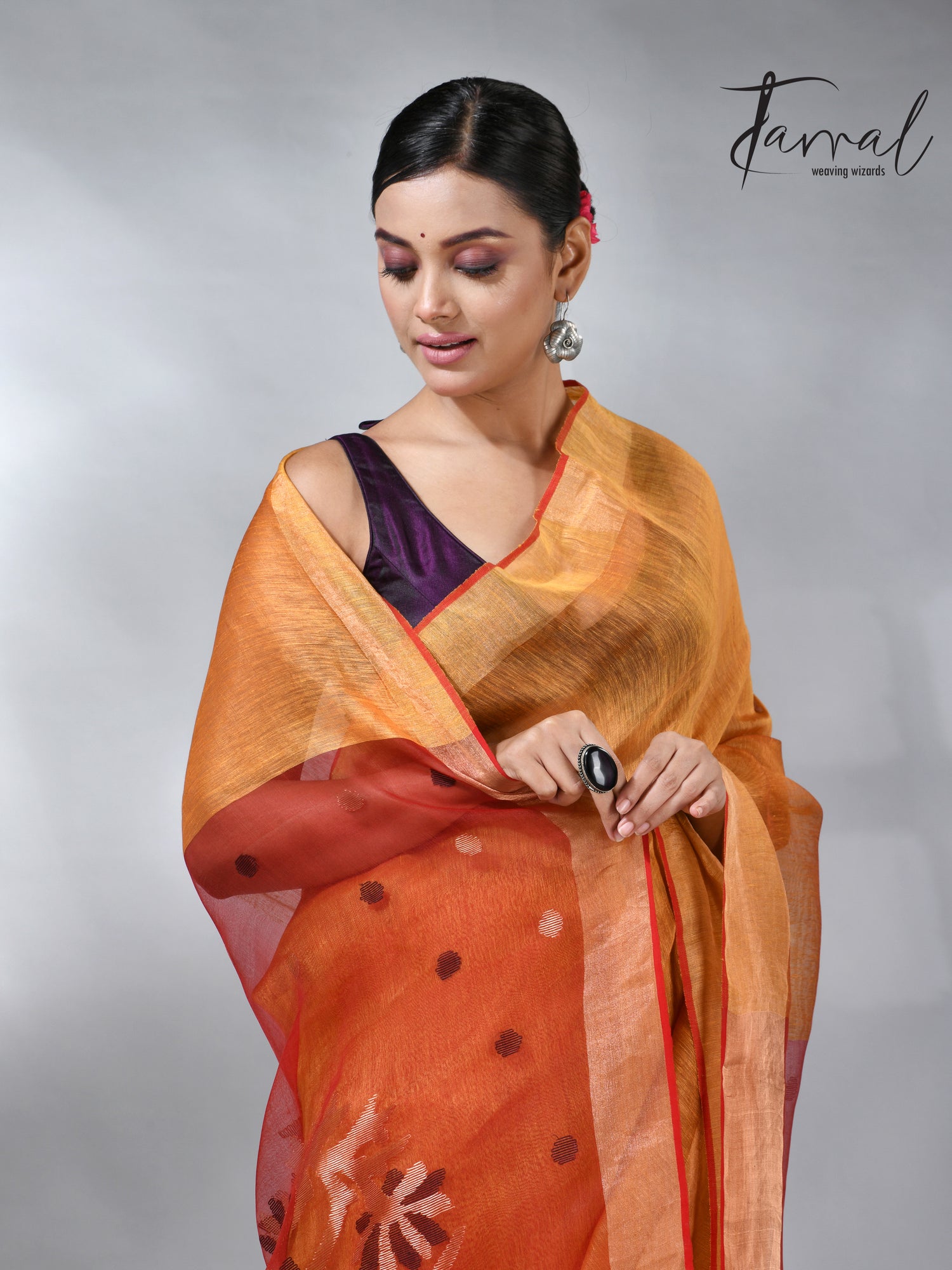 Golden yellow silk linen kora pallu handwoven jamdani saree