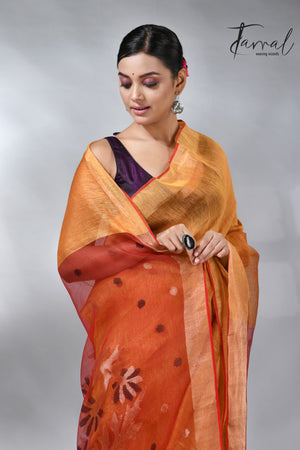 Golden yellow silk linen kora pallu handwoven jamdani saree