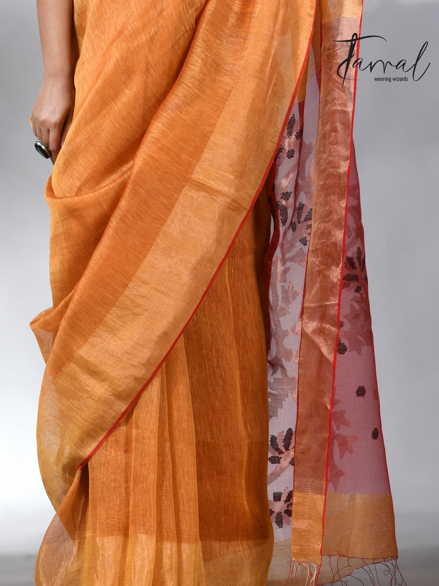 Golden yellow silk linen kora pallu handwoven jamdani saree