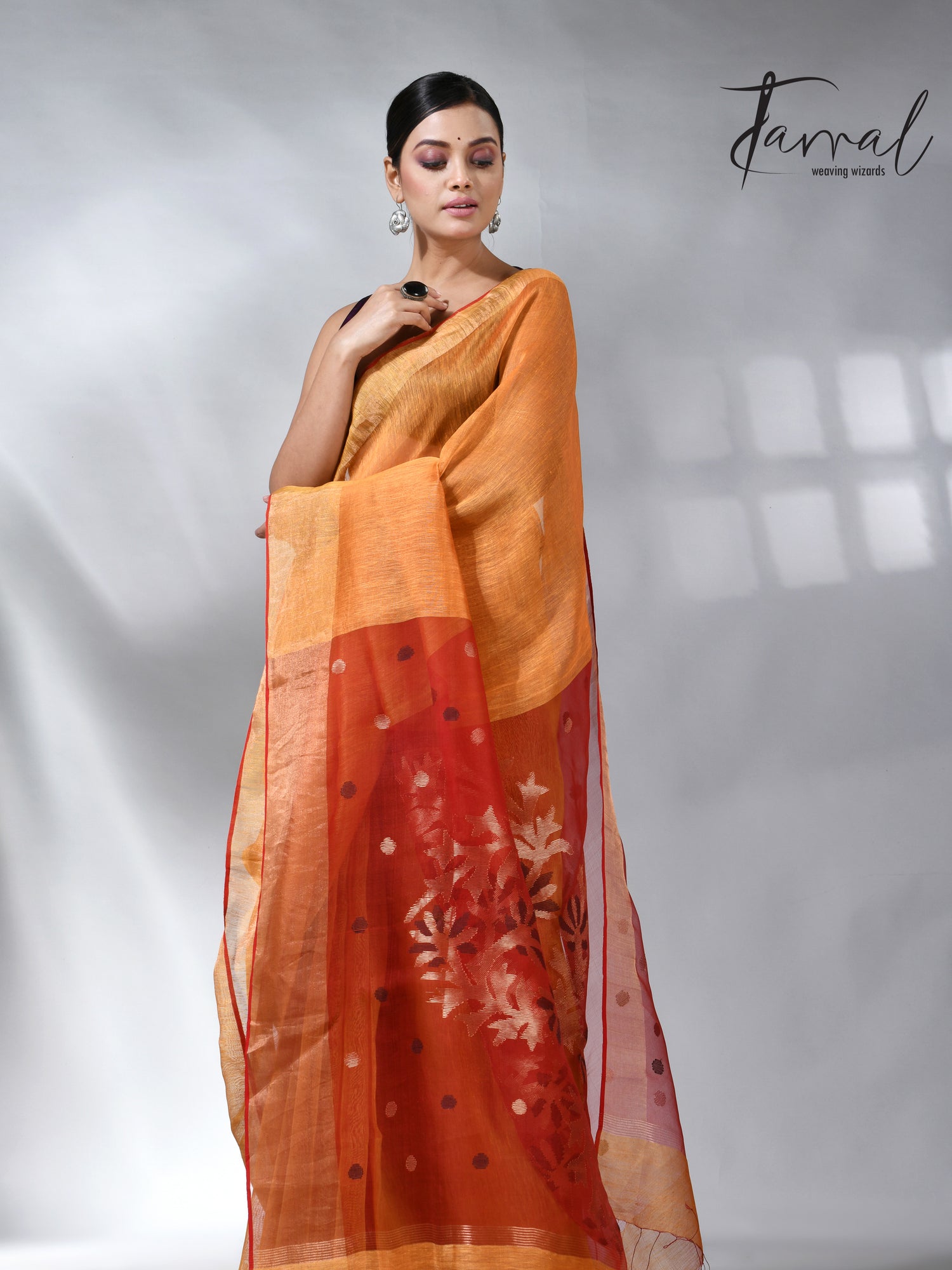 Golden yellow silk linen kora pallu handwoven jamdani saree