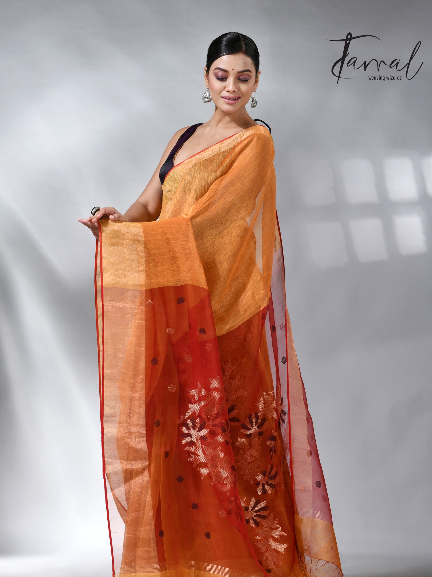 Golden yellow silk linen kora pallu handwoven jamdani saree