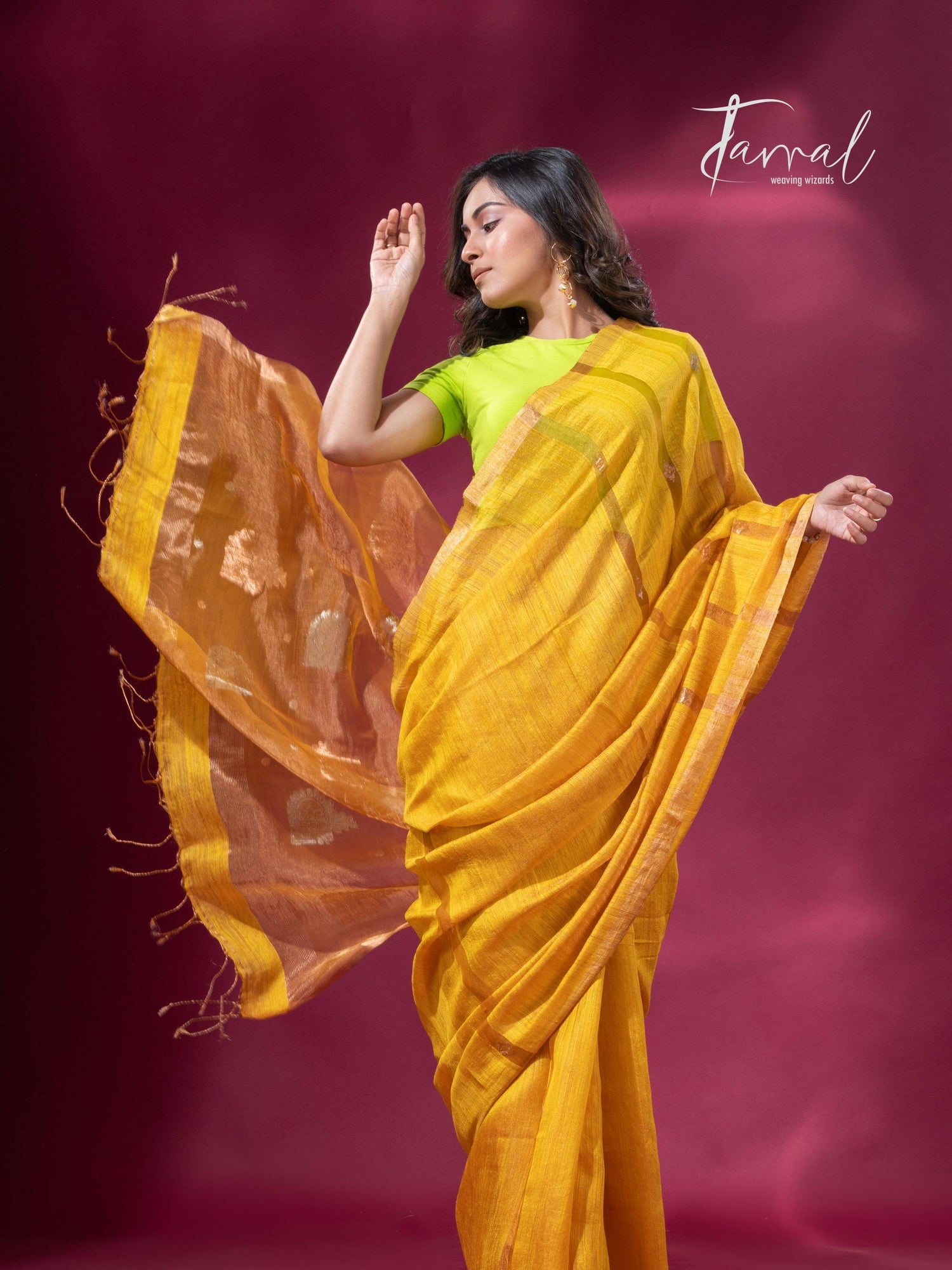 Golden yellow tissue matka muslin handloom jamdani saree