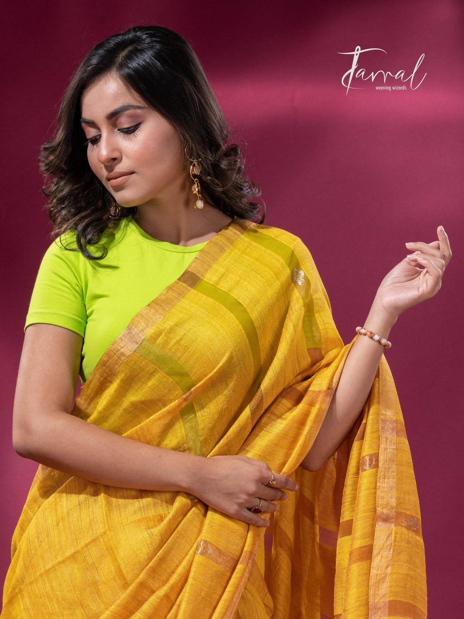 Golden yellow tissue matka muslin handloom jamdani saree cls