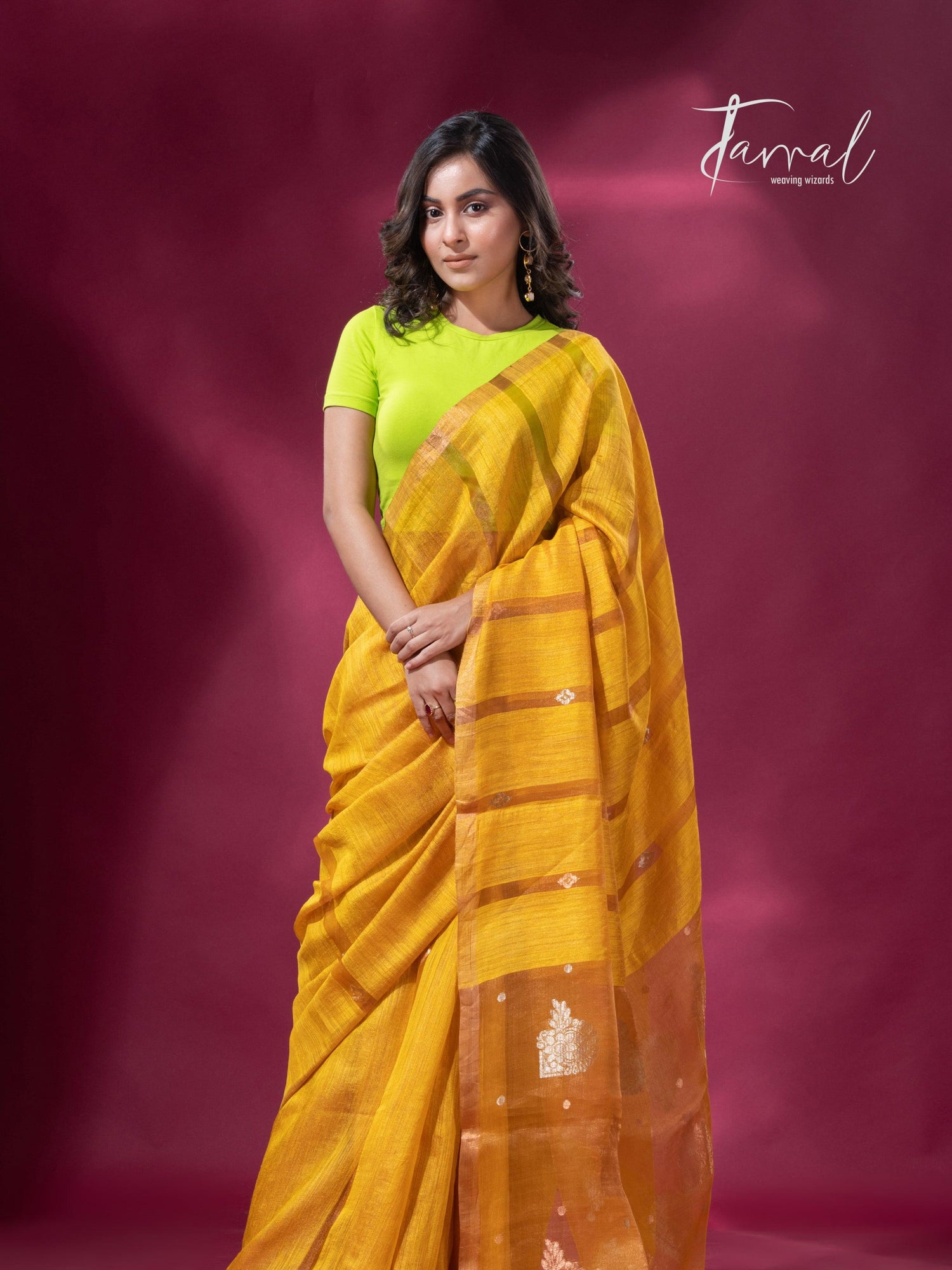 Golden yellow tissue matka muslin handloom jamdani saree full