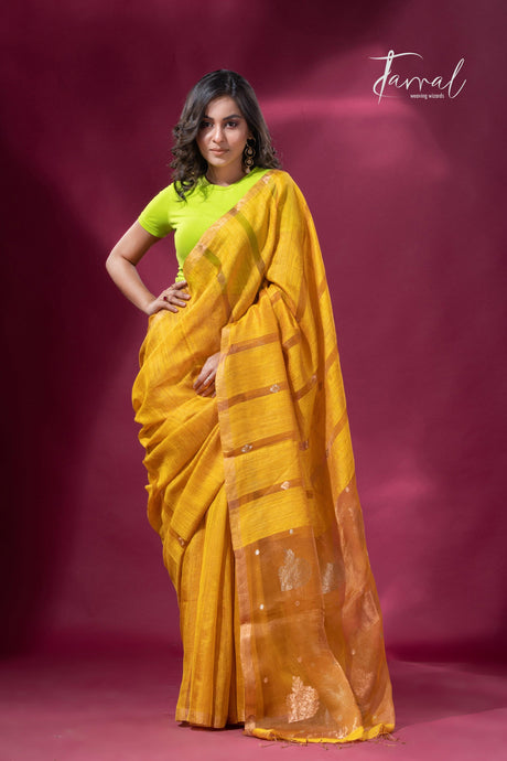 Golden yellow tissue matka muslin handloom jamdani saree full2