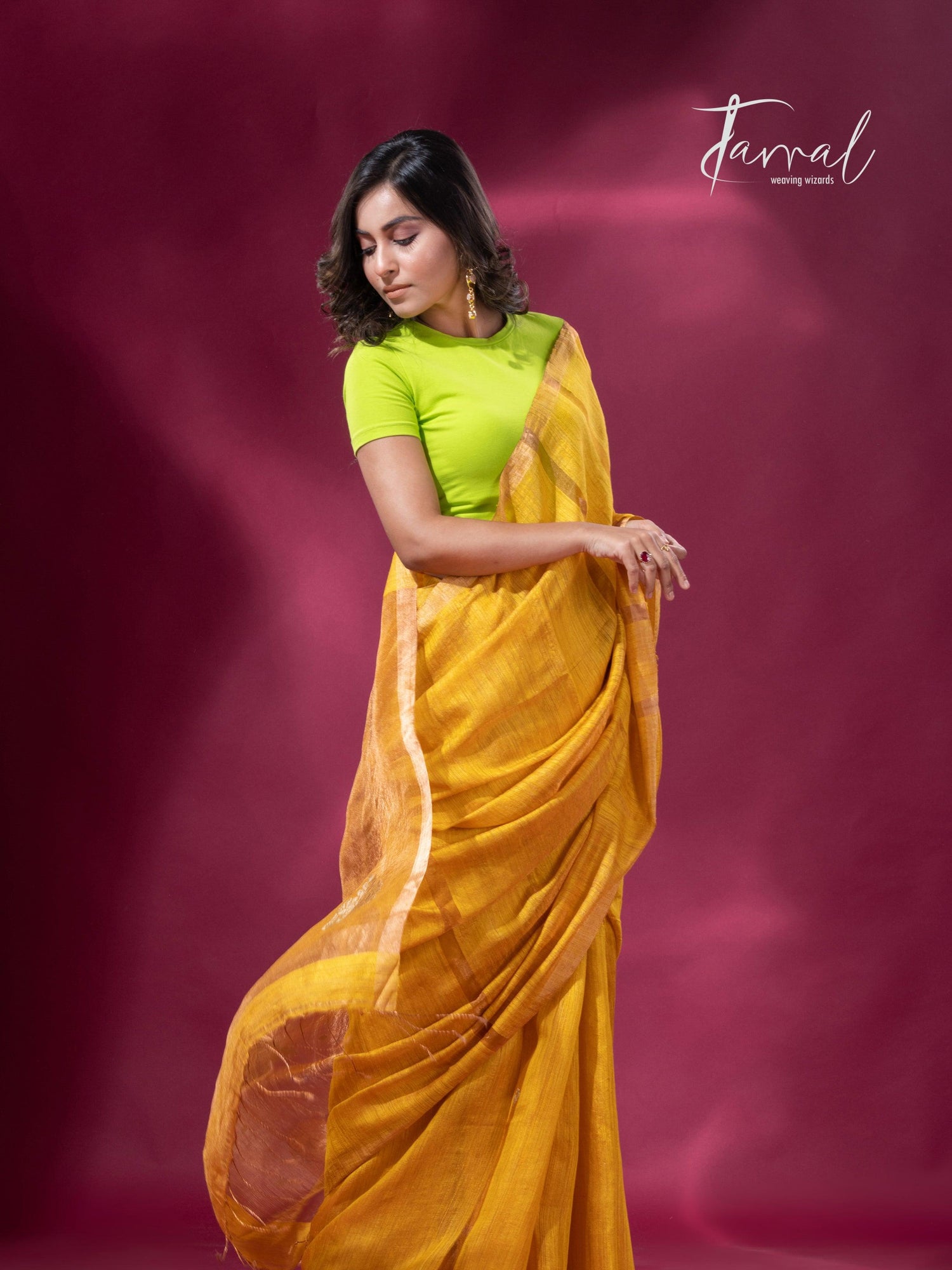 Golden yellow tissue matka muslin handloom jamdani saree left