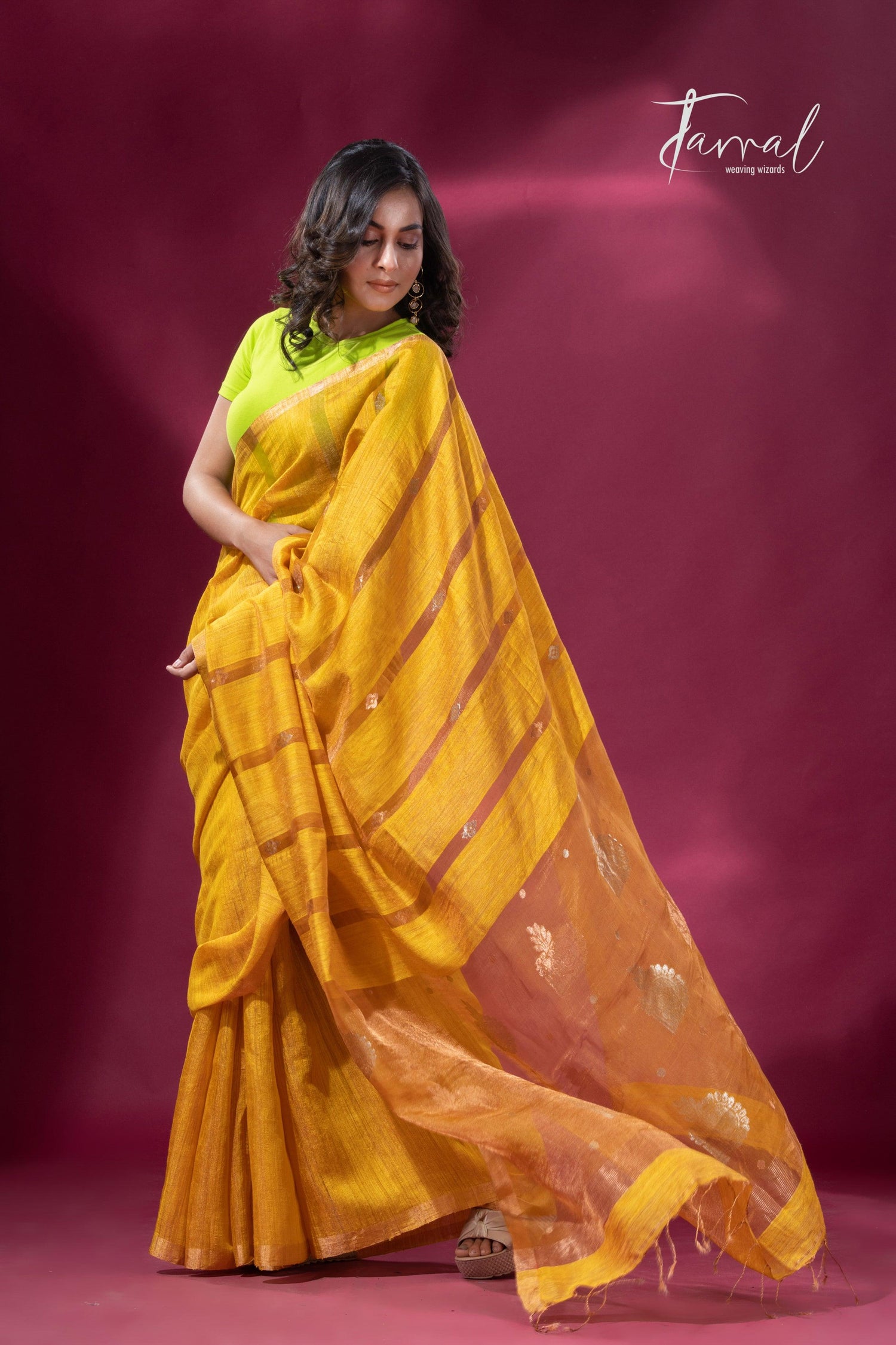 Golden yellow tissue matka muslin handloom jamdani saree right